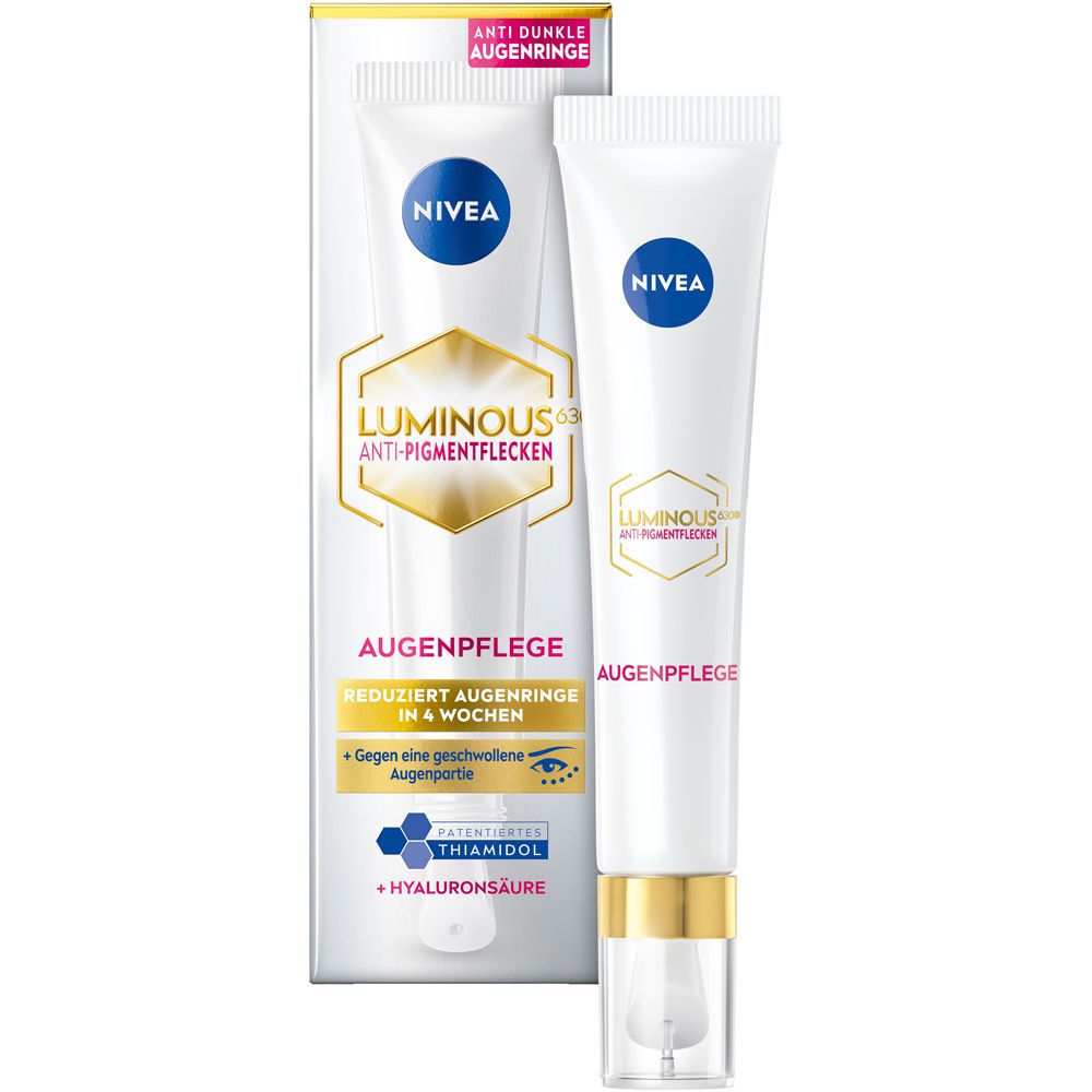 NIVEA LUMINOUS630® Augenpflege Tube und Faltschachtel mit Informationen zu Anti-Pigmentflecken.