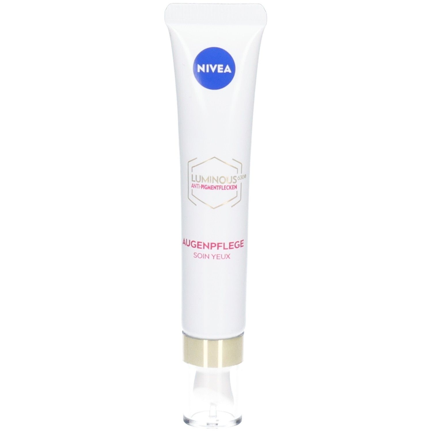 NIVEA LUMINOUS630® Augenpflege Tube mit Applikator und goldenem Deckel.