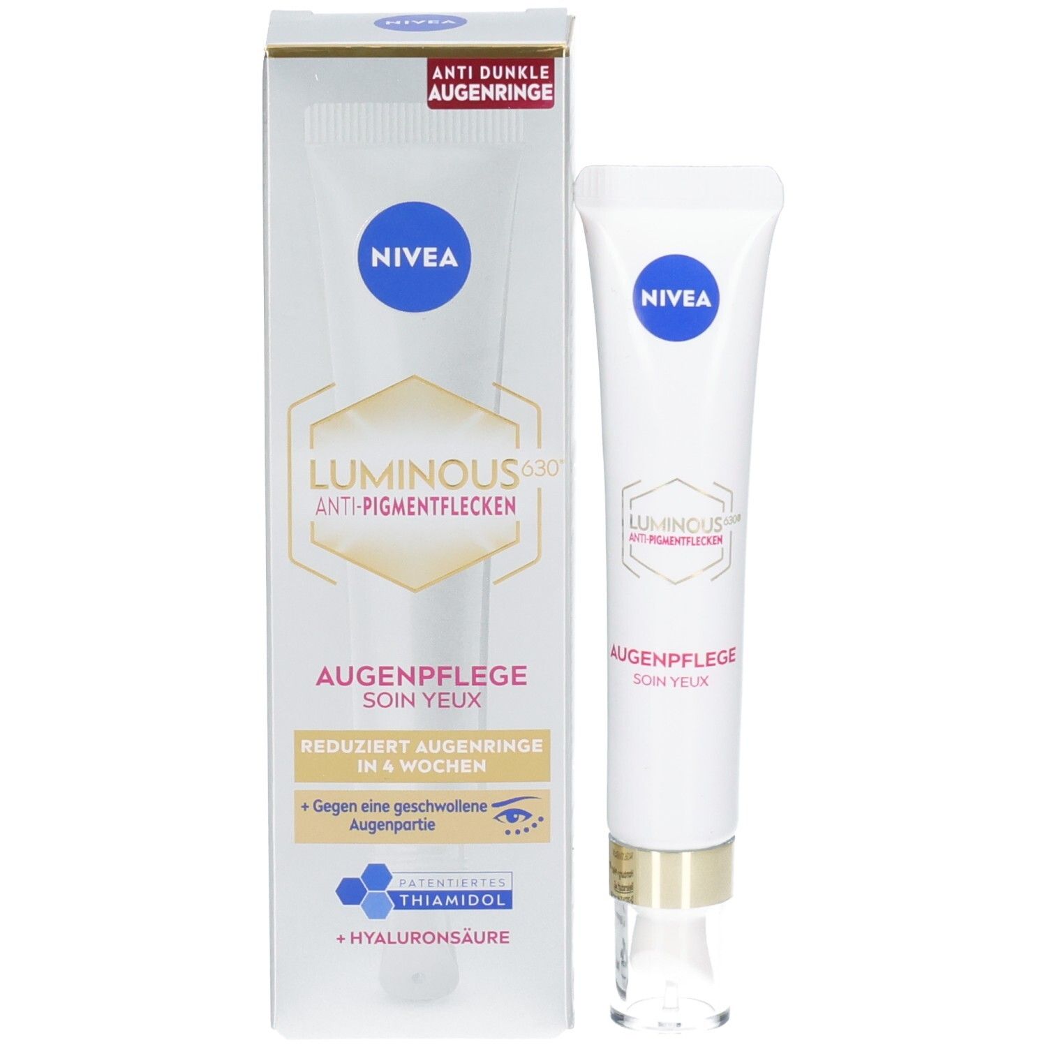 NIVEA LUMINOUS630® Augenpflege Tube und Faltschachtel, Vorderseite mit Produktinformationen.