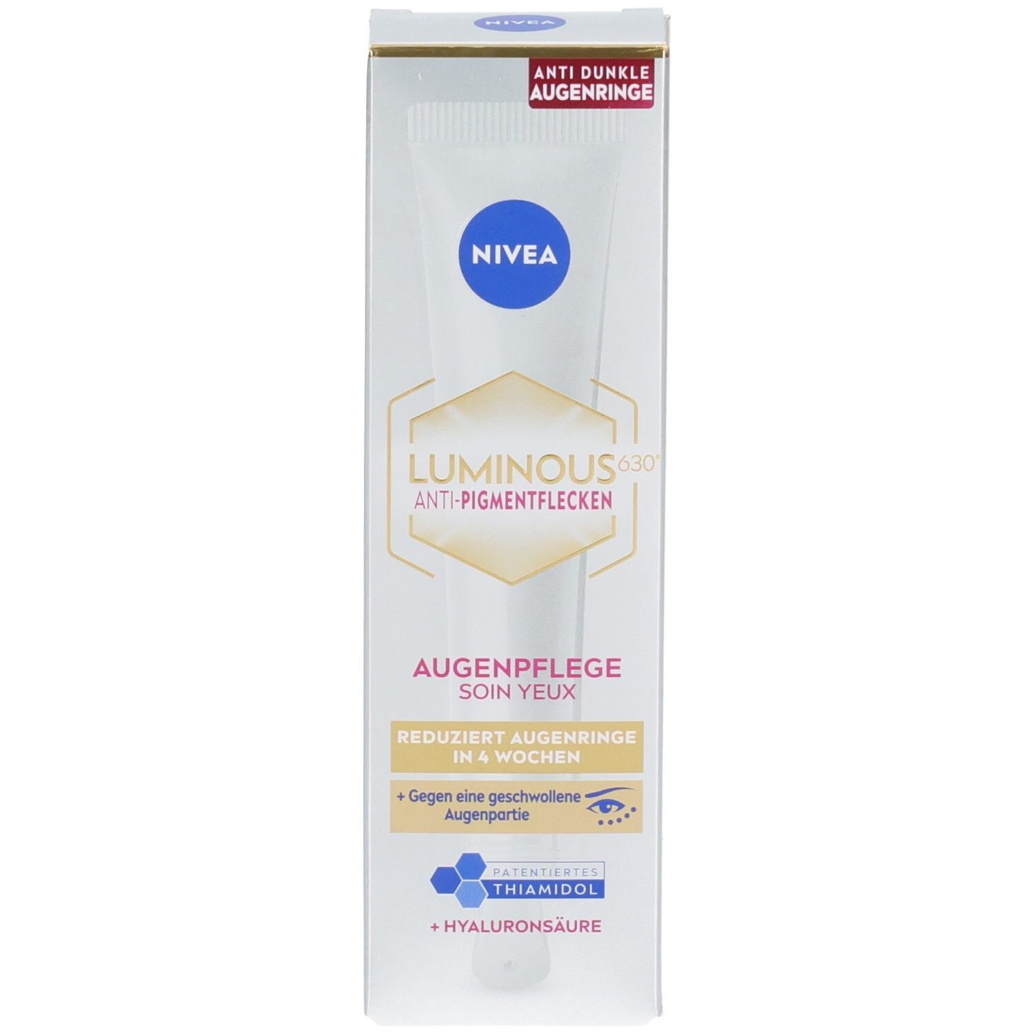 Faltschachtel der NIVEA LUMINOUS630® Augenpflege, Vorderseite mit Produktnamen und Hinweisen.
