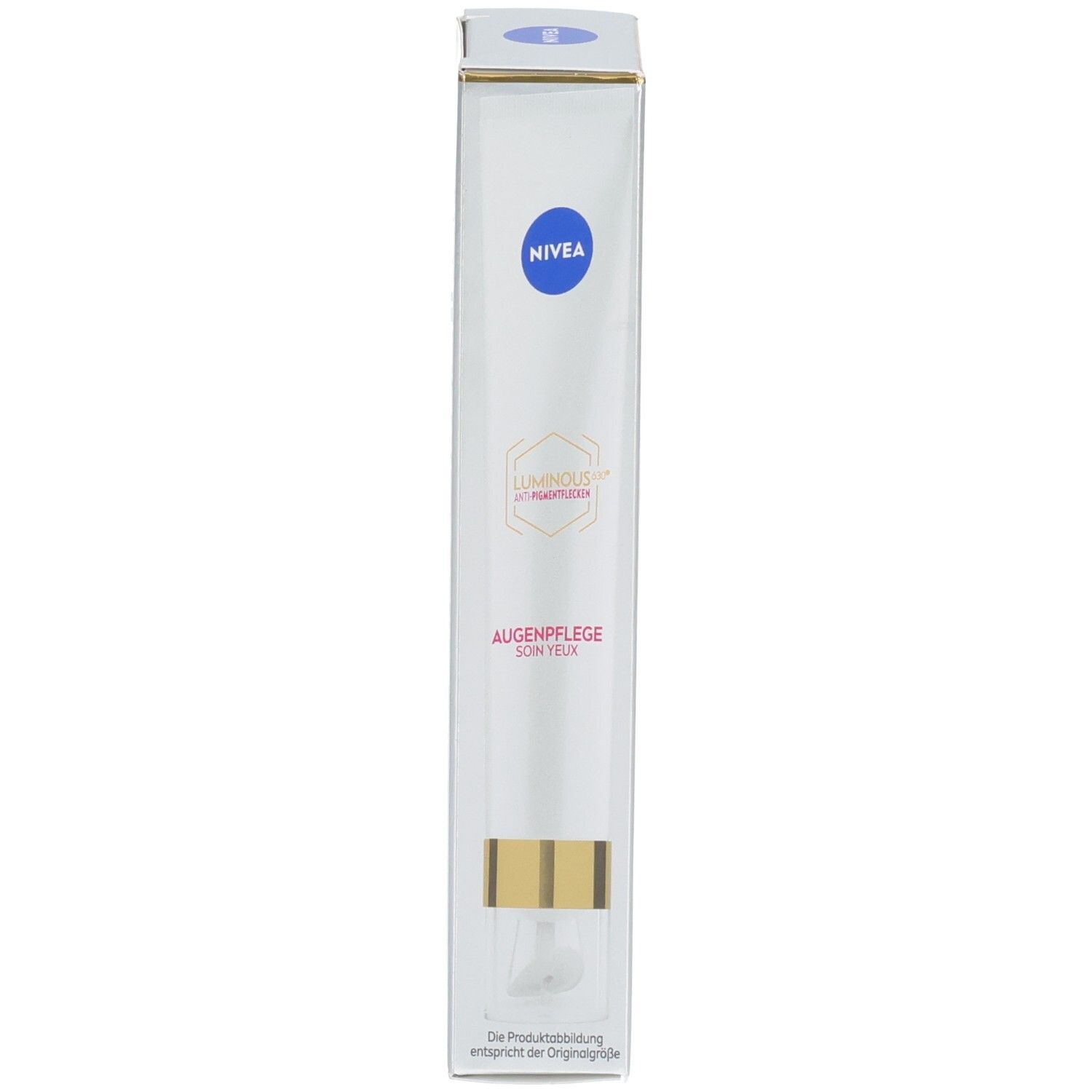 Seitenansicht der Faltschachtel NIVEA LUMINOUS630® Augenpflege mit NIVEA Logo und Produktnamen.