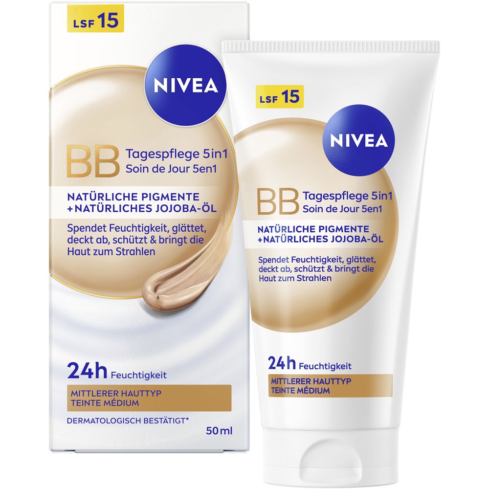 NIVEA BB Tagespflege 5in1 mit LSF 15 für mittleren Hauttyp, 50ml Tube und Faltschachtel.