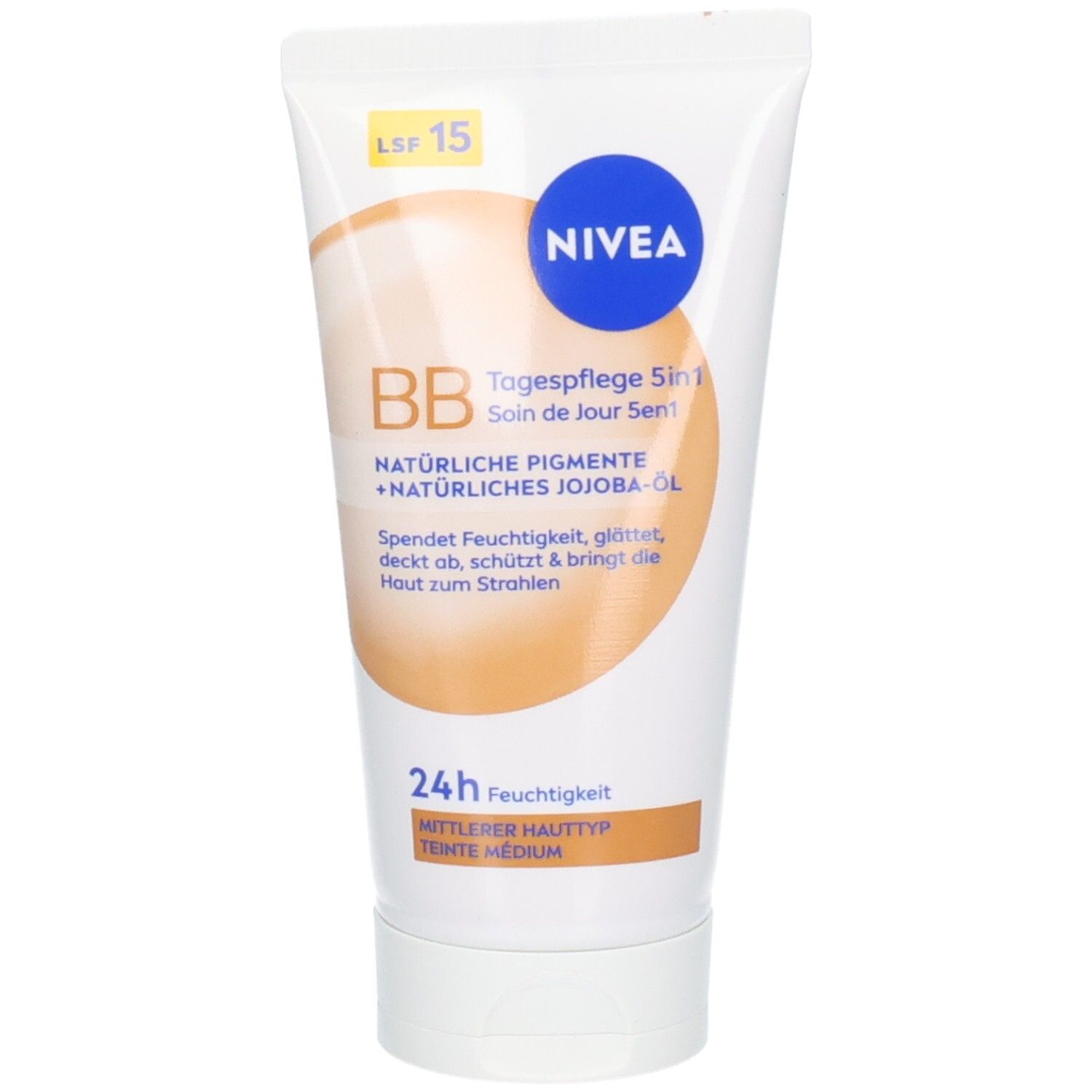 NIVEA BB Tagespflege 5in1 mit LSF 15, mittlere Hautfarbe, 50ml Tube.