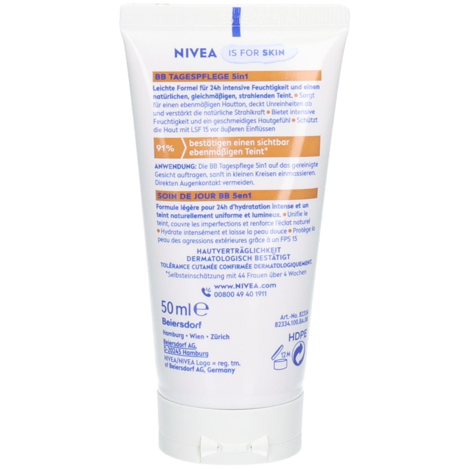 Vorderseite der NIVEA BB Tagespflege 5in1 Tube mit LSF 15 und Produktinformationen.