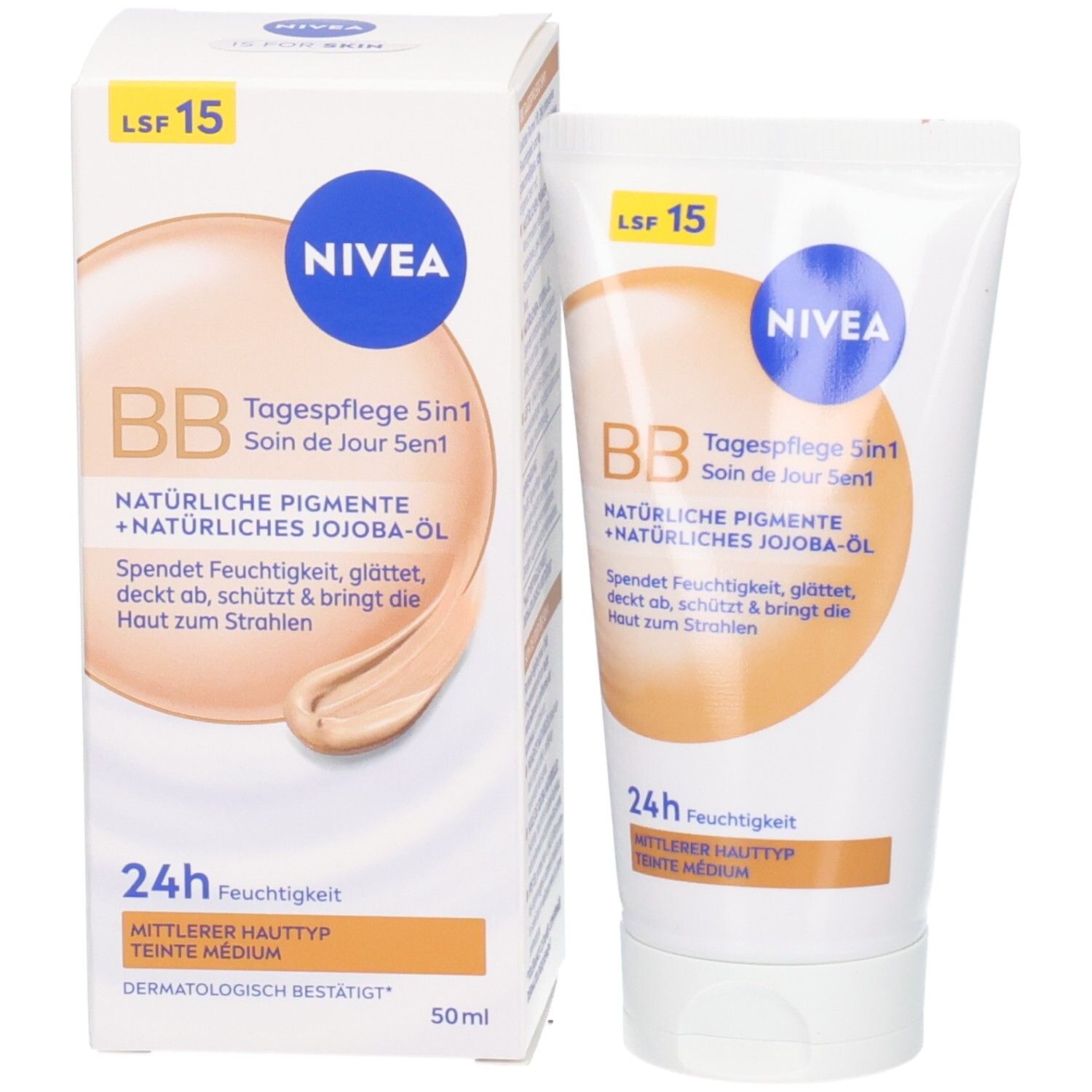 Rückseite der NIVEA BB Tagespflege 5in1 Tube mit Anwendung und Hautverträglichkeit.