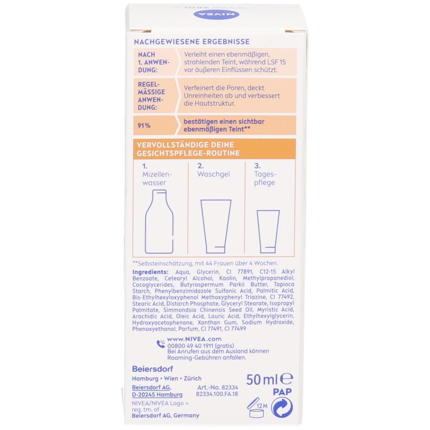 Seitenansicht der NIVEA BB Tagespflege 5in1 Faltschachtel mit Produktinformationen.
