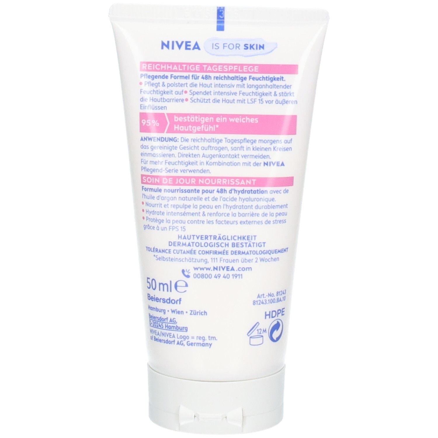 Rückseite der NIVEA Reichhaltige Tagespflege Tube mit Produktinformationen.