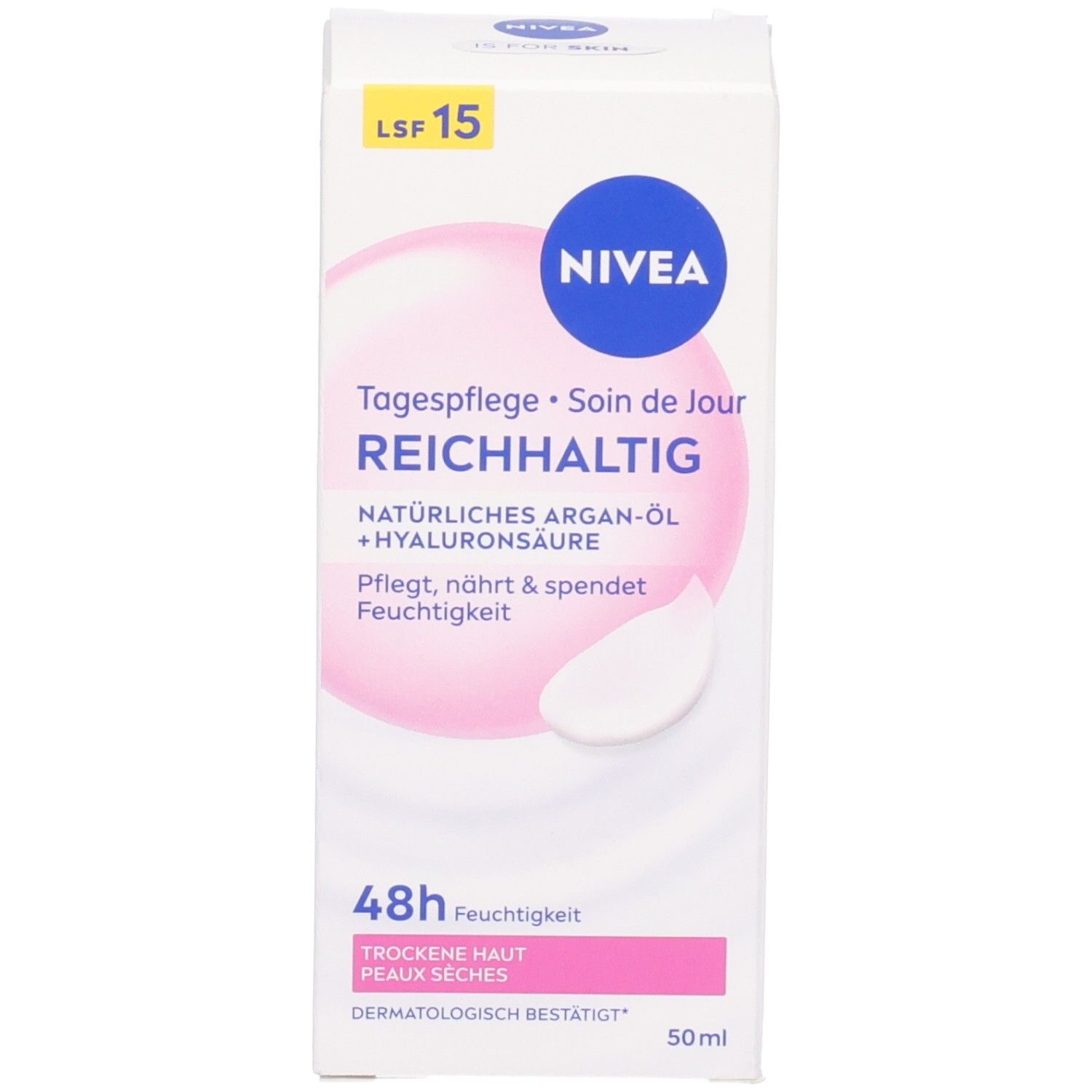 NIVEA Reichhaltige Tagespflege Faltschachtel, Vorderseite mit Produktbild.
