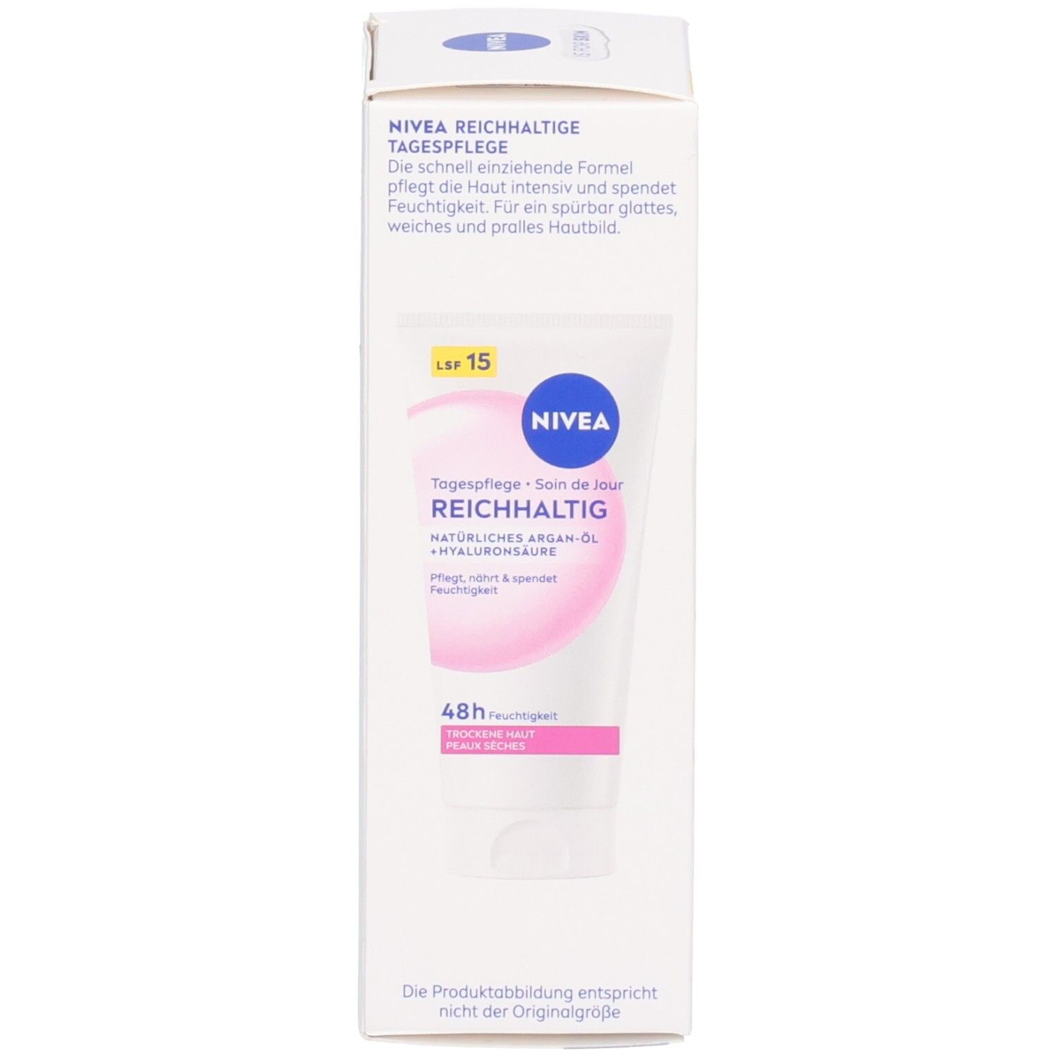 NIVEA Reichhaltige Tagespflege Faltschachtel, Seite mit Produktbeschreibung.