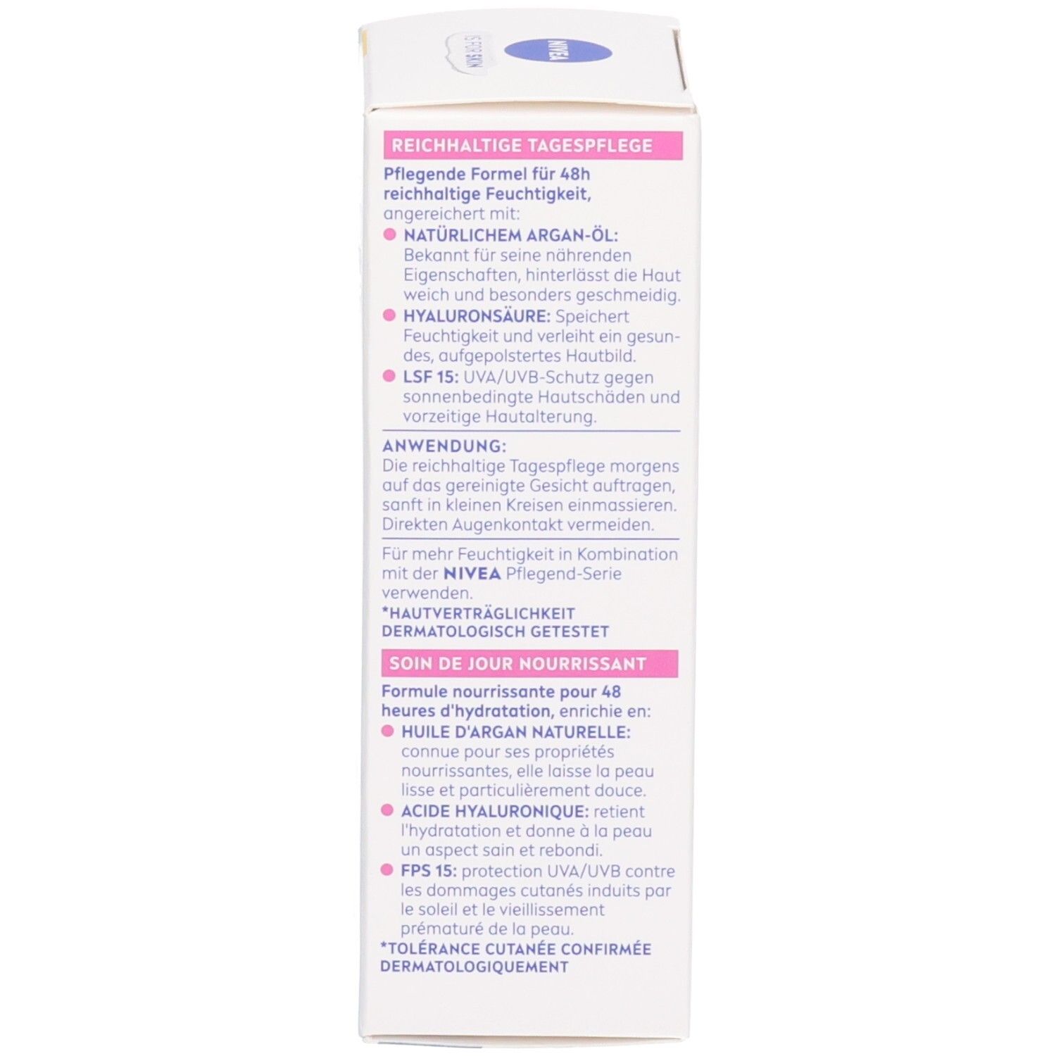 NIVEA Reichhaltige Tagespflege Faltschachtel, Seite mit Inhaltsstoffen und Anwendung.