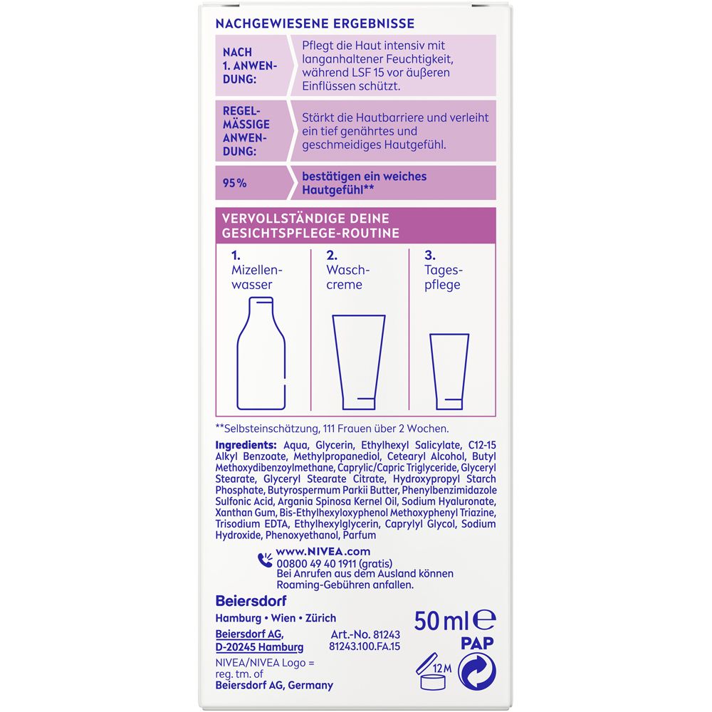 Rückseite der NIVEA Reichhaltige Tagespflege Faltschachtel mit Anwendungshinweisen und Inhaltsstoffen.