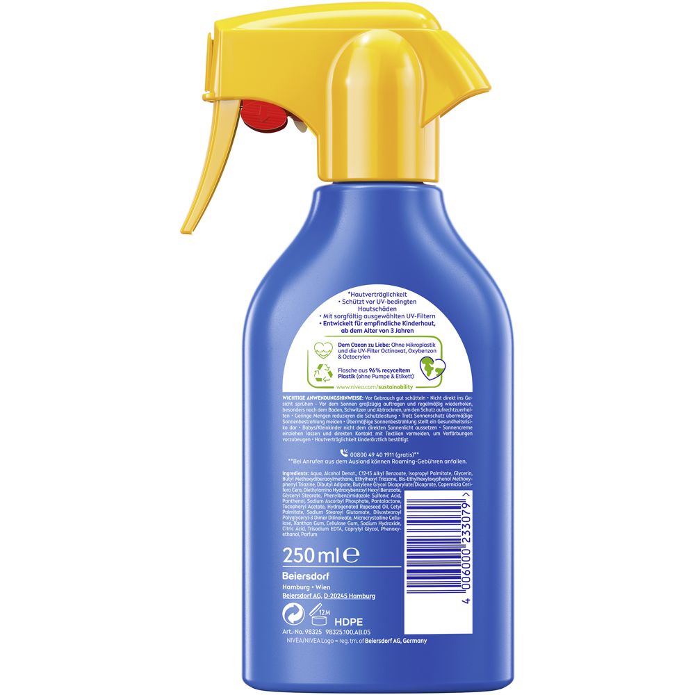 Rückseite der NIVEA Sun Kids Sonnenspray-Flasche mit Produktinformationen und Barcode.