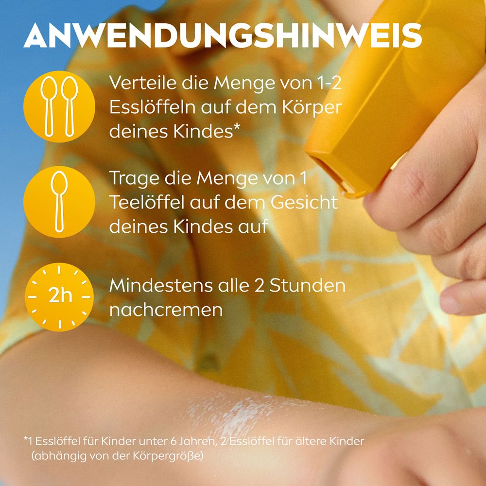 Anwendungshinweise für NIVEA Sun Kids Sonnenspray: Dosierung und Nachcreme-Intervall.
