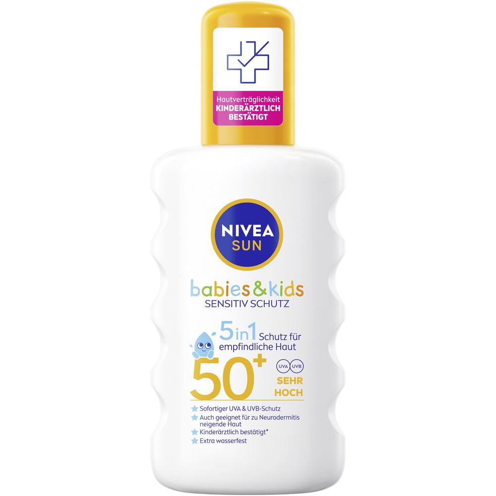Nivea Sun Babies & Kids Sensitive Schutz LSF 50+ Flasche mit gelbem Verschluss und Siegel.
