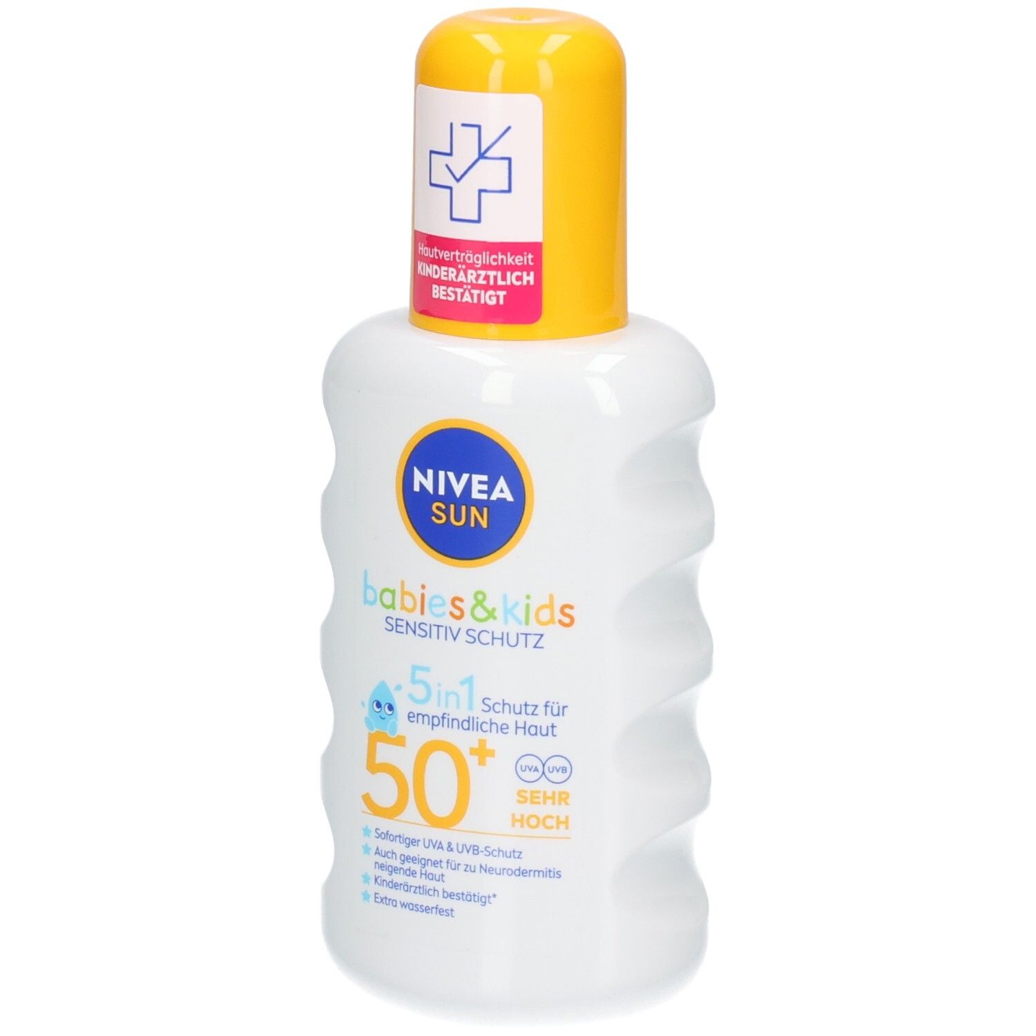 Nivea Sun Babys & Kids Sensitiv Schutzspray LSF 50+. Weißer Sprühflakon mit gelbem Verschluss. Hautärztlich bestätigt.