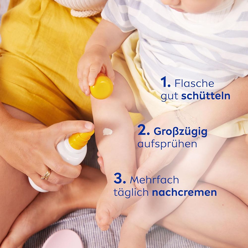 Anwendung von Nivea Sun Babies & Kids Sensitive Schutz LSF 50+ auf Kinderbein.