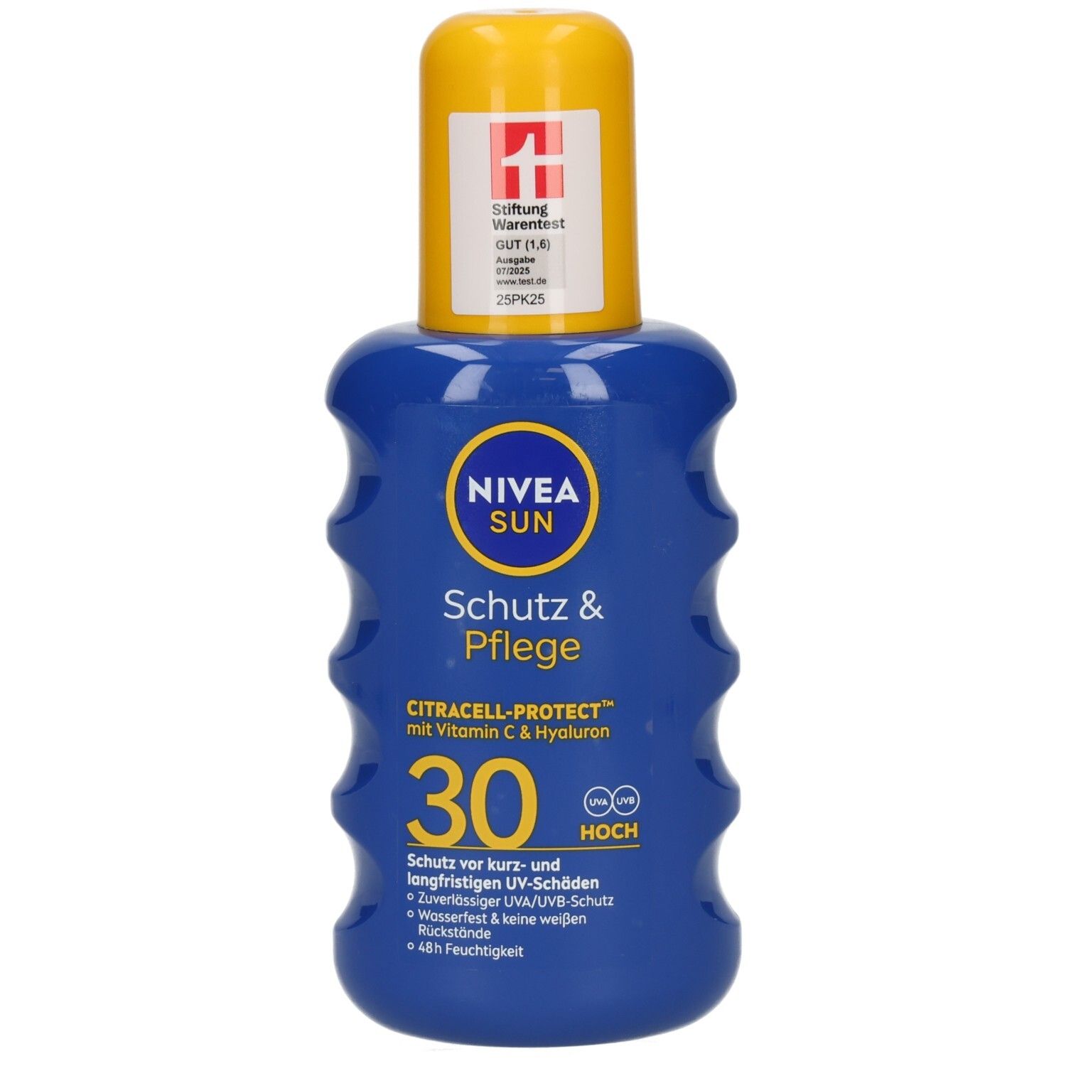 Nivea Sun Schutz & Pflege Sonnenspray LSF 30, blaue Sprühflasche mit gelbem Verschluss.