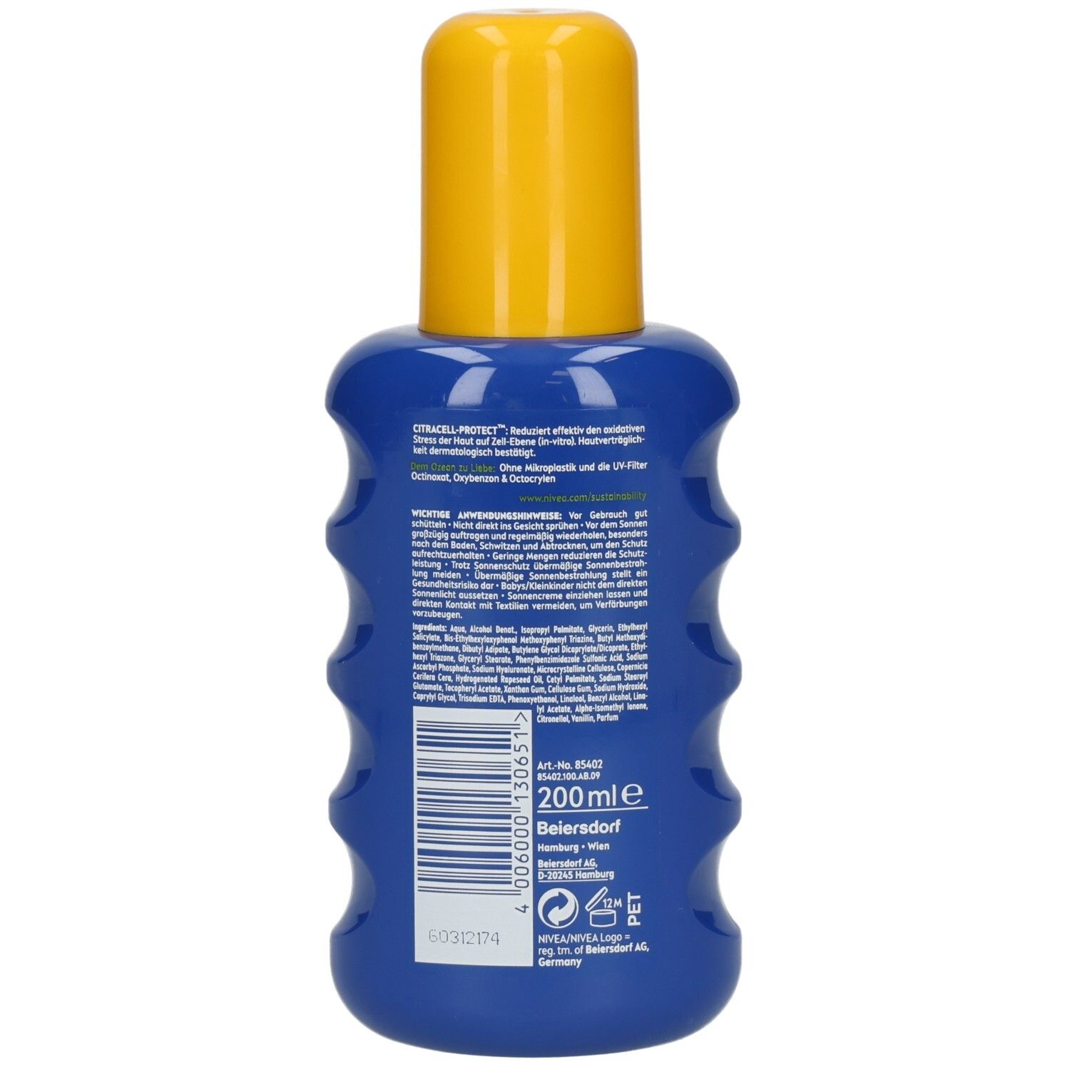 Rückseite der Nivea Sun Schutz & Pflege Sonnenspray LSF 30 Flasche mit Inhaltsangaben und Barcode.