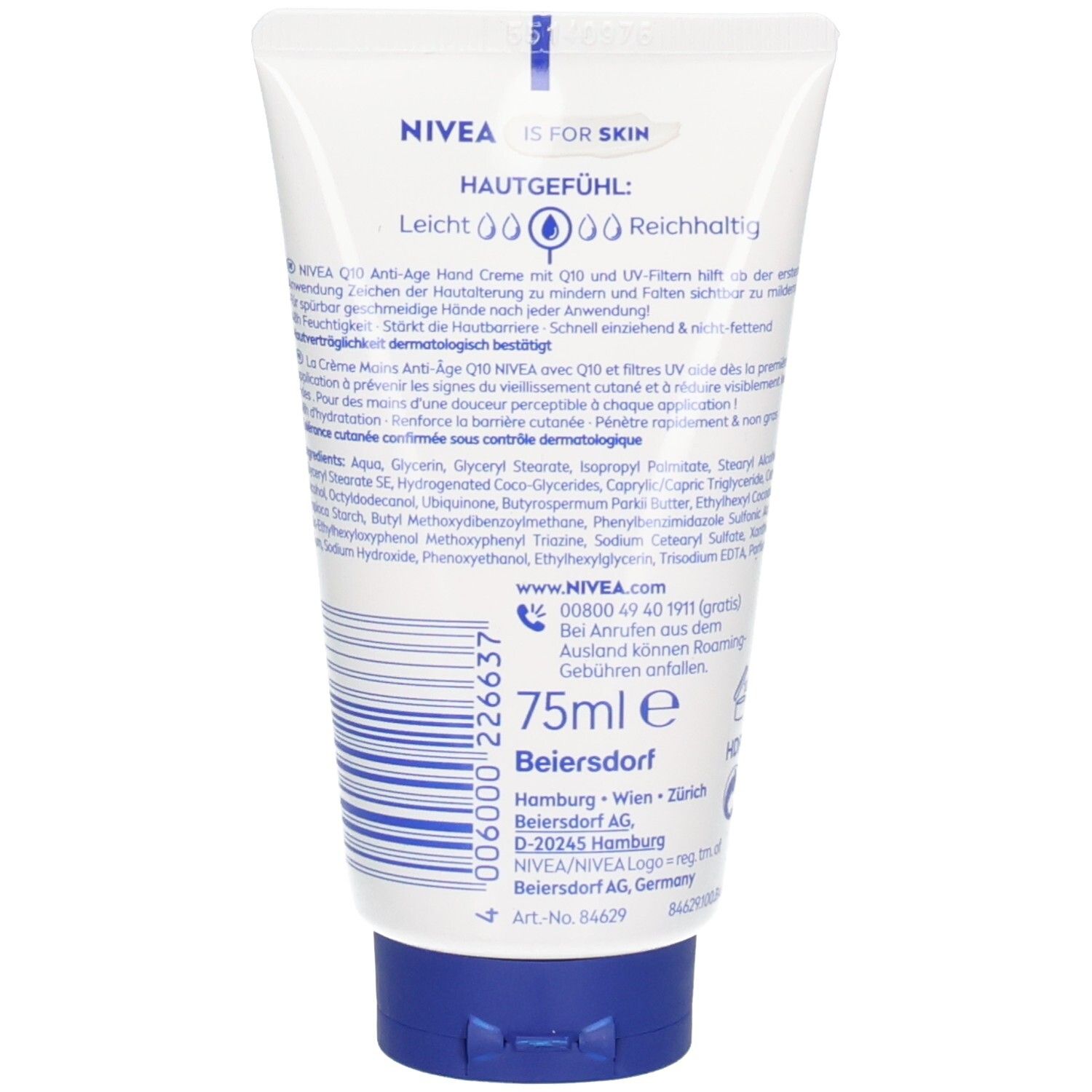 Rückseite der NIVEA Q10 Handcreme Tube. 75ml. Barcode und Herstellerinformationen sichtbar.
