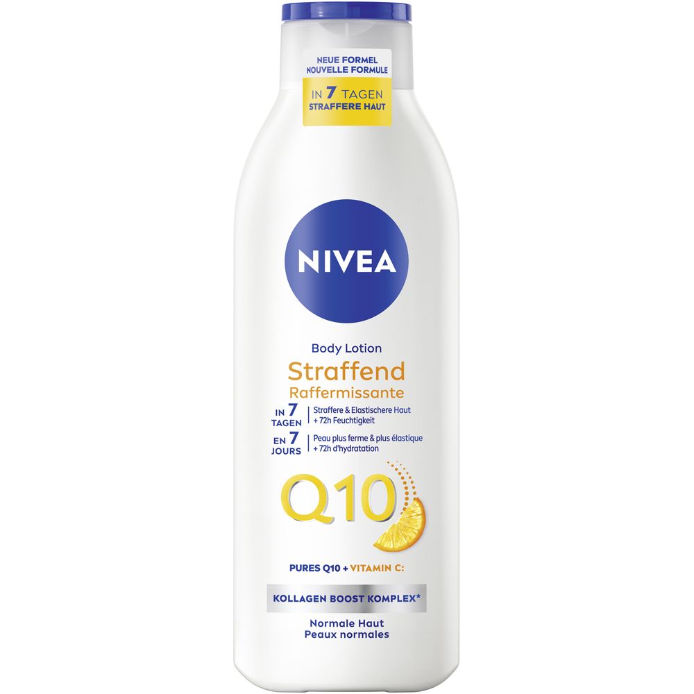 Weiße Flasche NIVEA Body Lotion Straffend mit Q10 und Kollagen Boost Komplex.