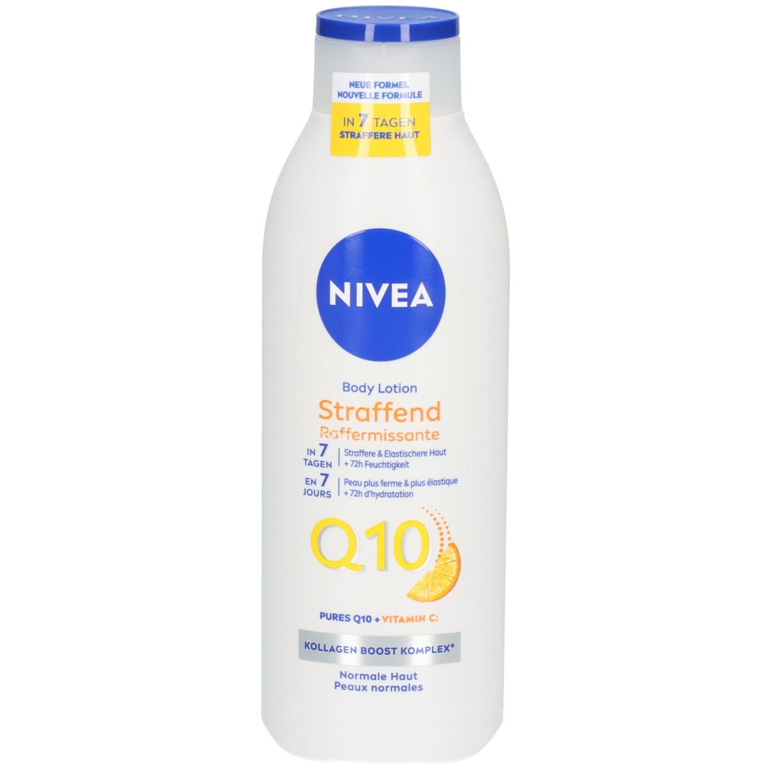 Weiße Flasche NIVEA Body Lotion Straffend mit Q10 und Kollagen Boost Komplex.