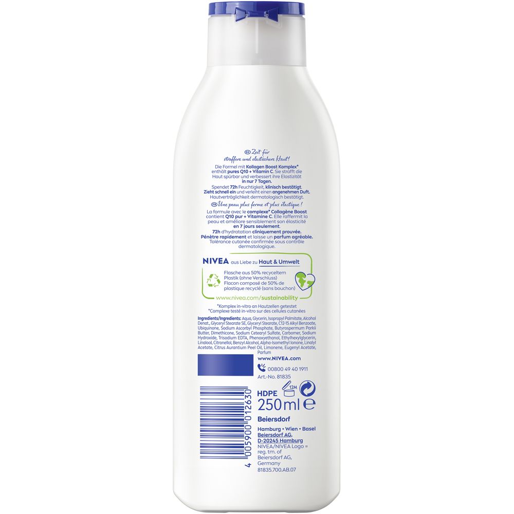 Rückseite einer weißen NIVEA Body Lotion Flasche mit Produktinformationen und Inhaltsstoffen.