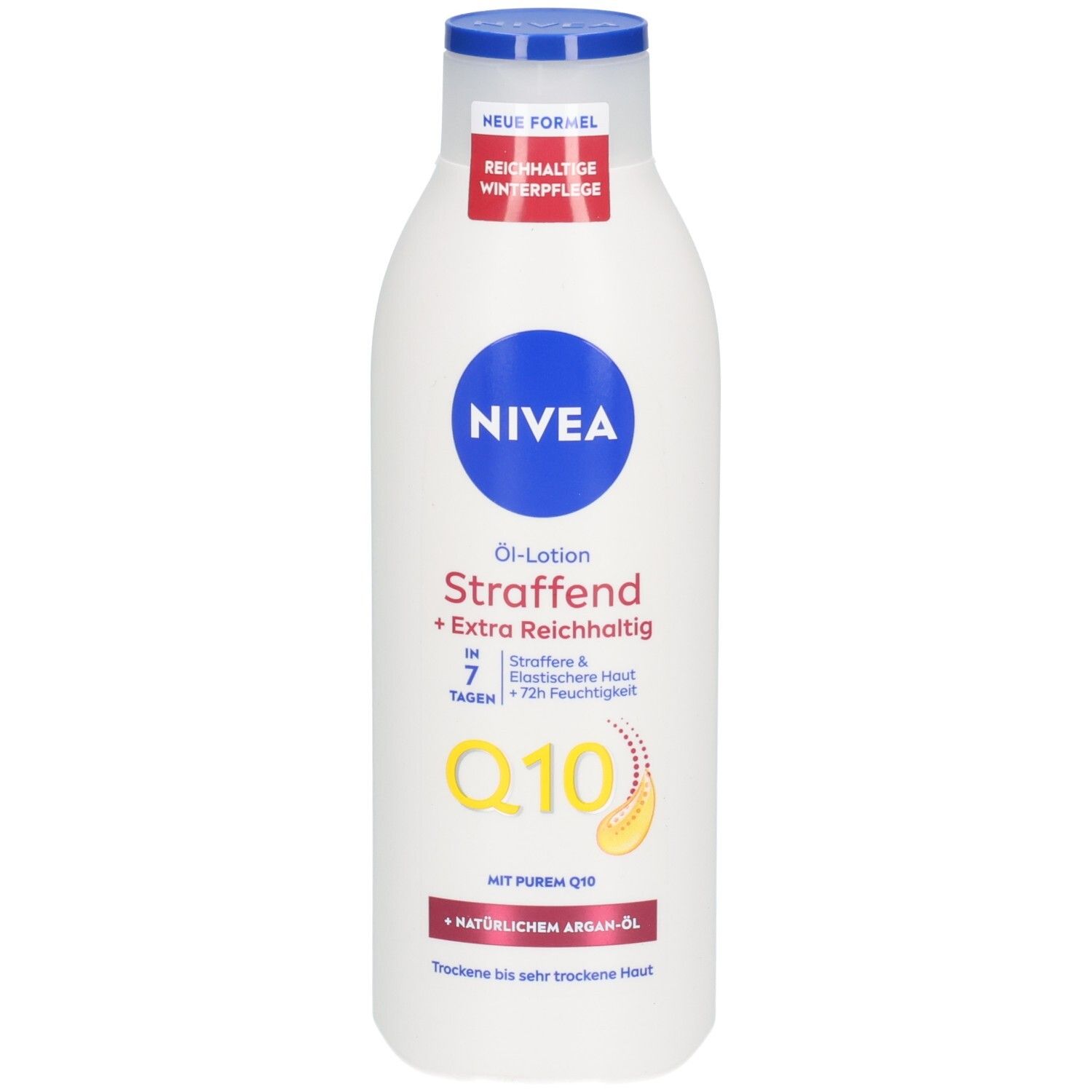 NIVEA Q10 Öl-Lotion Straffend + Extra Reichhaltig in weißer Flasche mit blauem Deckel. Enthält Q10 und Arganöl.