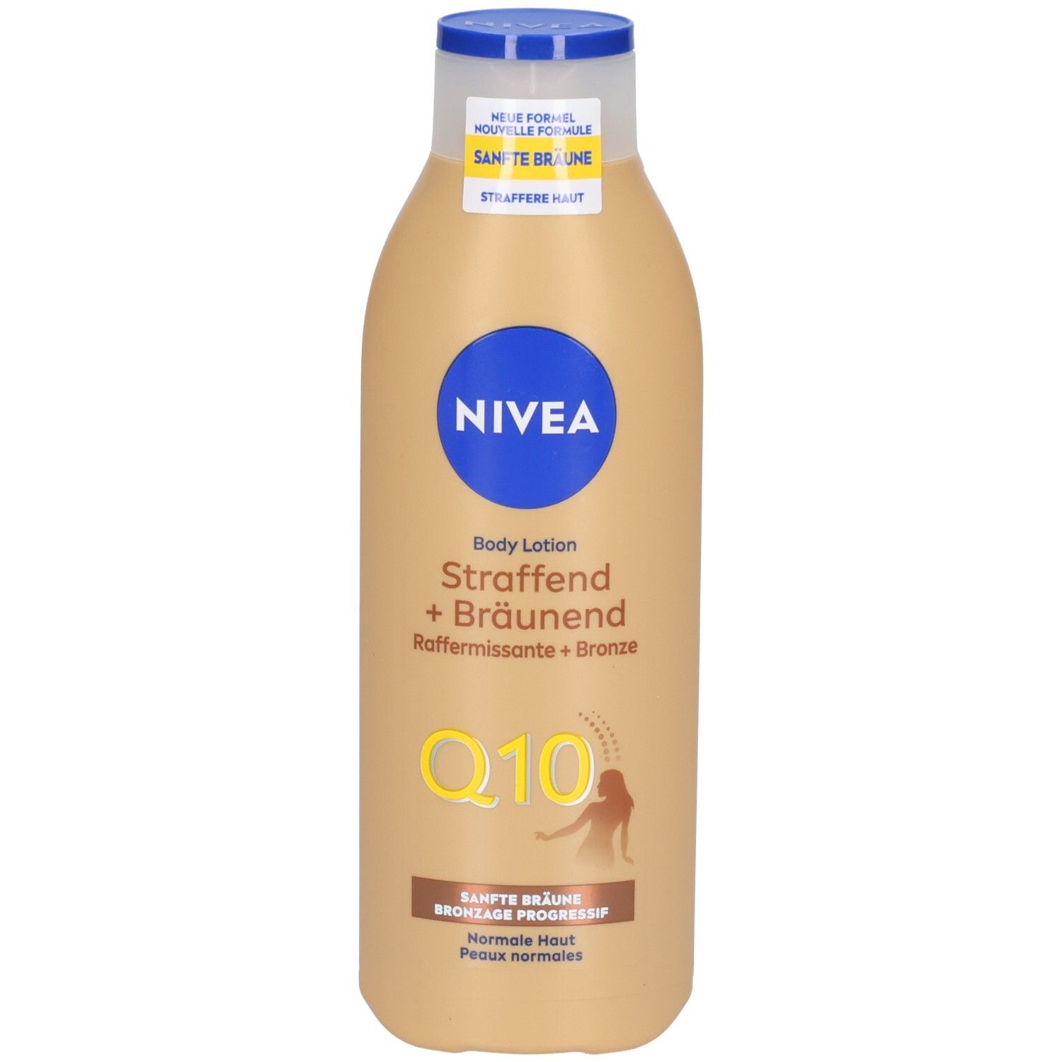 NIVEA Q10 Body Lotion Straffend + Bräunend Flasche mit blauem Deckel.