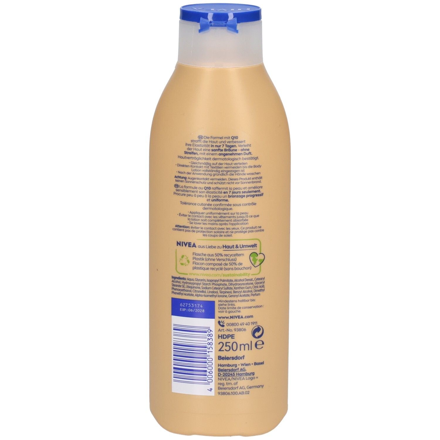 Rückseite der NIVEA Q10 Body Lotion Straffend + Bräunend Flasche mit Produktinformationen und Barcode.