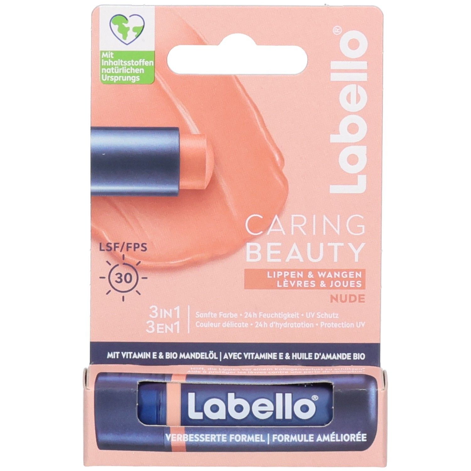 Rückseite der Labello Caring Beauty NUDE Verpackung mit Produktinformationen, Anwendung und Inhaltsstoffen.