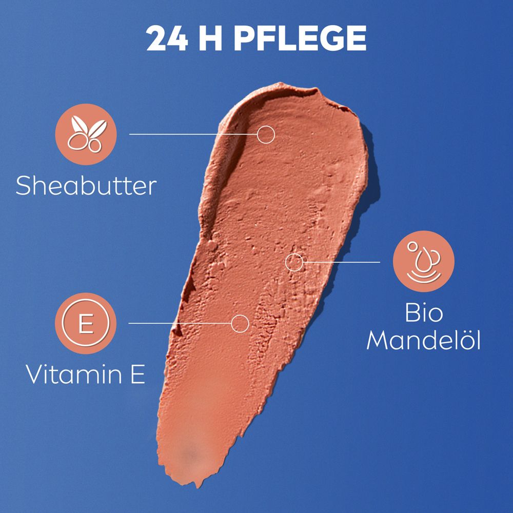 Texturprobe von Labello Caring Beauty NUDE mit Icons für Sheabutter, Vitamin E und Bio Mandelöl.