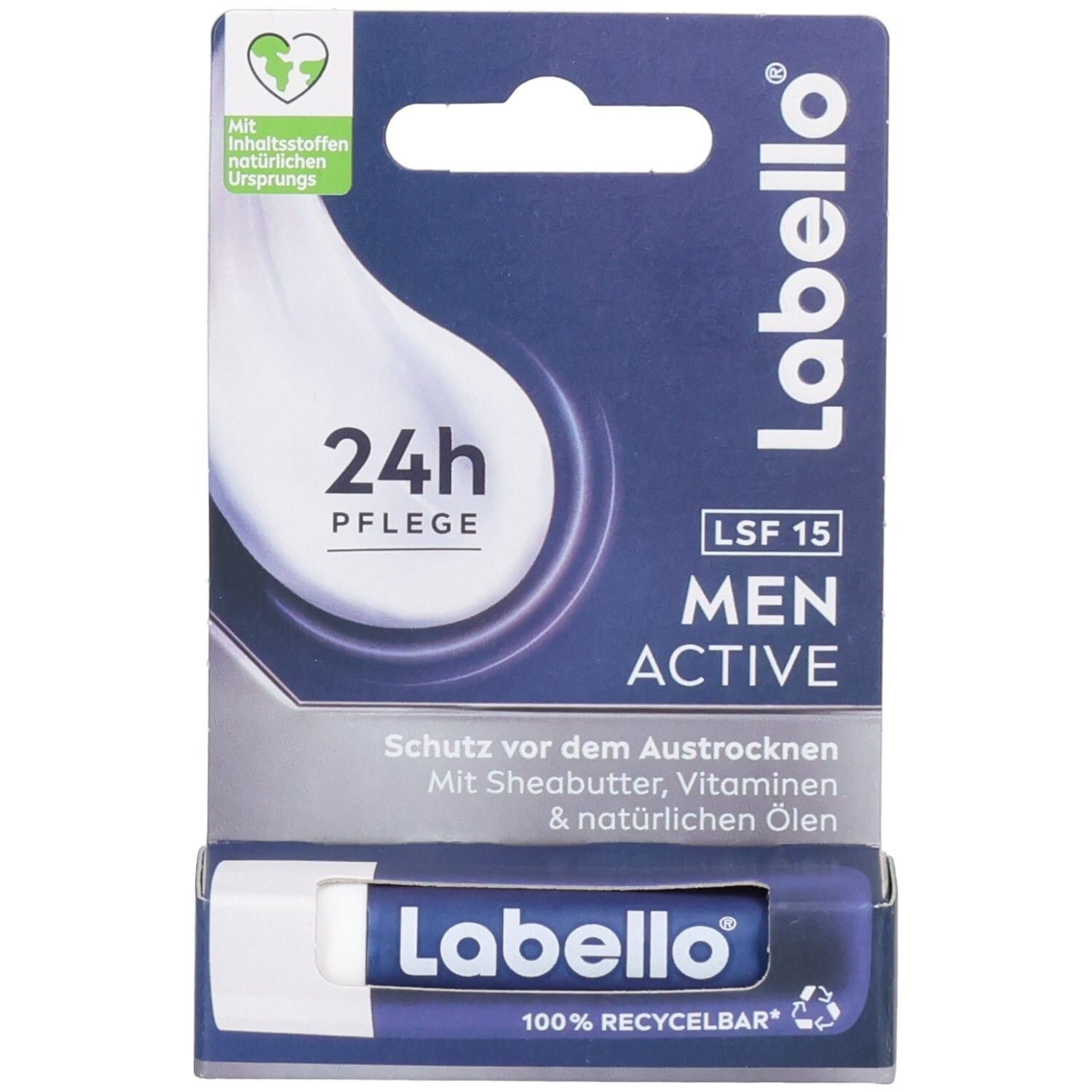 Labello Men Active Lippenpflege SPF 15 in Blisterverpackung. Enthält Sheabutter, Vitamine und natürliche Öle.