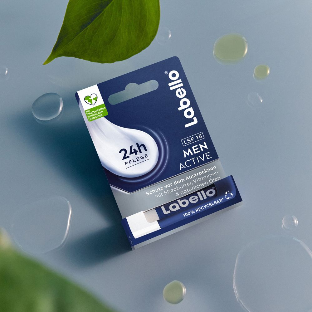 Verpackung Labello Men Active Lippenpflege mit LSF 15, 24h Pflege, Schutz vor Austrocknung.