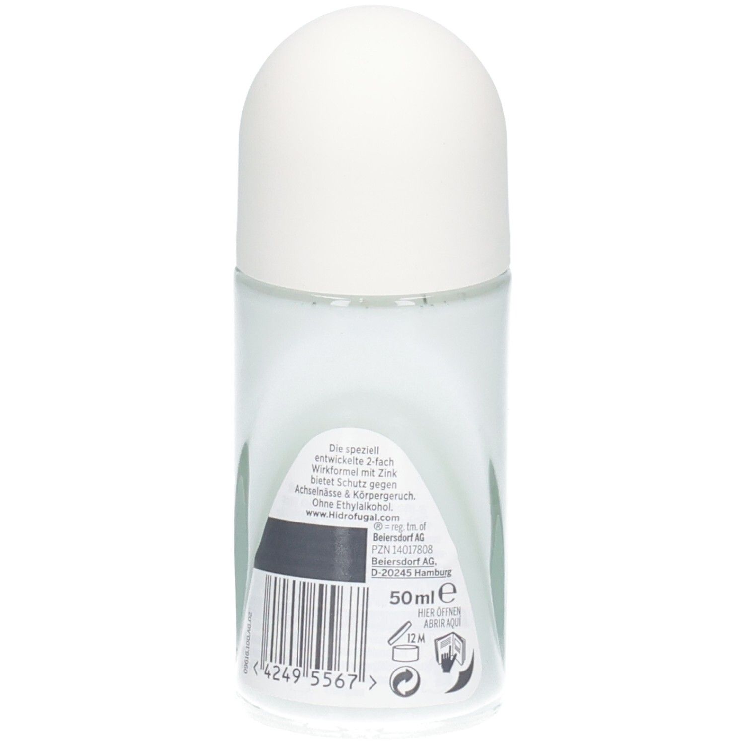 Rückseite Hidrofugal Forte Doppel Schutz Roll-on, 50ml, mit Barcode und Anwendungshinweisen.