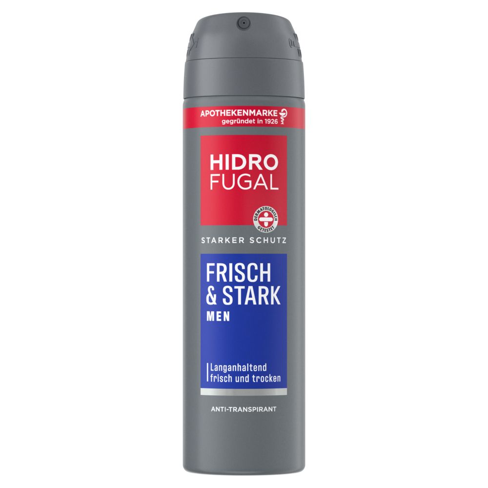 Hidrofugal Frisch & Stark Men Spray: Graue Dose mit rotem und blauem Etikett. Starker Schutz.