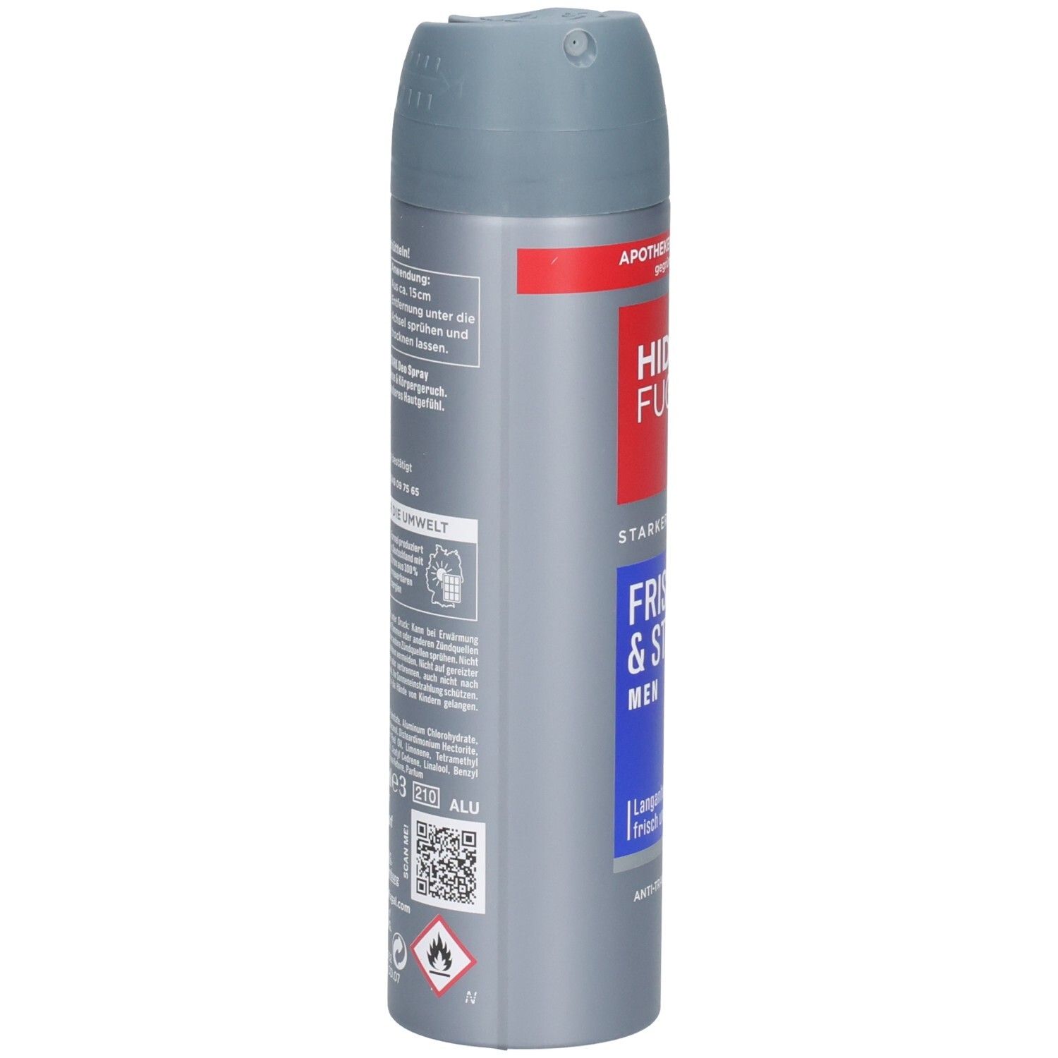 Rückseite der Hidrofugal MEN Frisch & Stark Spray Dose mit Anwendungshinweisen und Inhaltsstoffen.