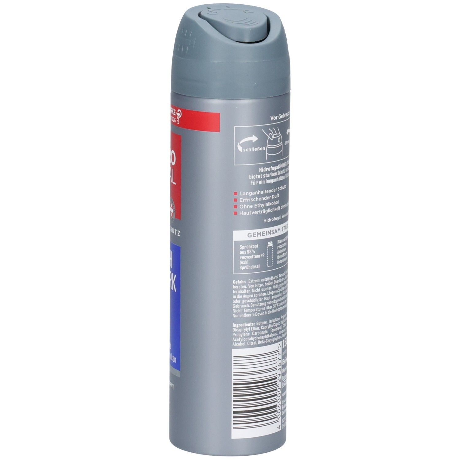 Rückseite der Hidrofugal MEN Frisch & Stark Spray Dose mit Anwendungshinweisen und Inhaltsstoffen.