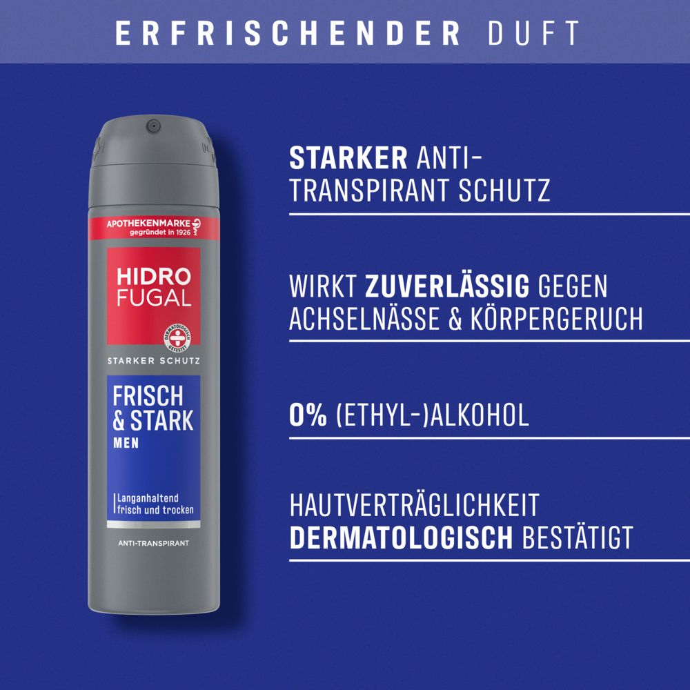 Hidrofugal Frisch & Stark Men Spray: Starker Anti-Transpirant Schutz, 0% Alkohol, dermatologisch bestätigt.