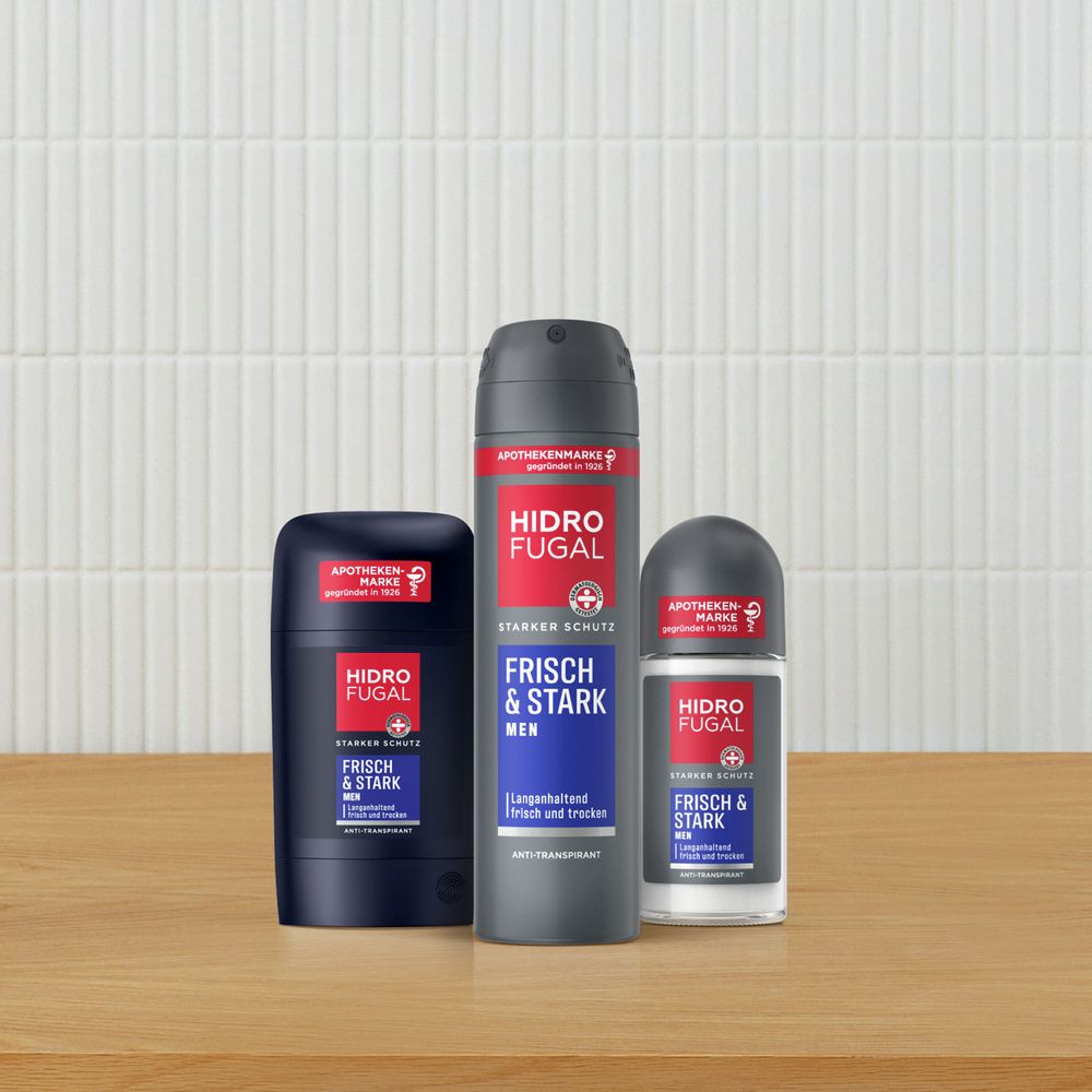 Hidrofugal Frisch & Stark Men Spray neben einem Stick und einem Roll-On der gleichen Serie.