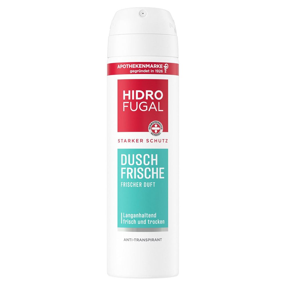 Weiße Aerosoldose mit rotem und türkisfarbenem Etikett. Hidrofugal Dusch Frische Anti-Transpirant.