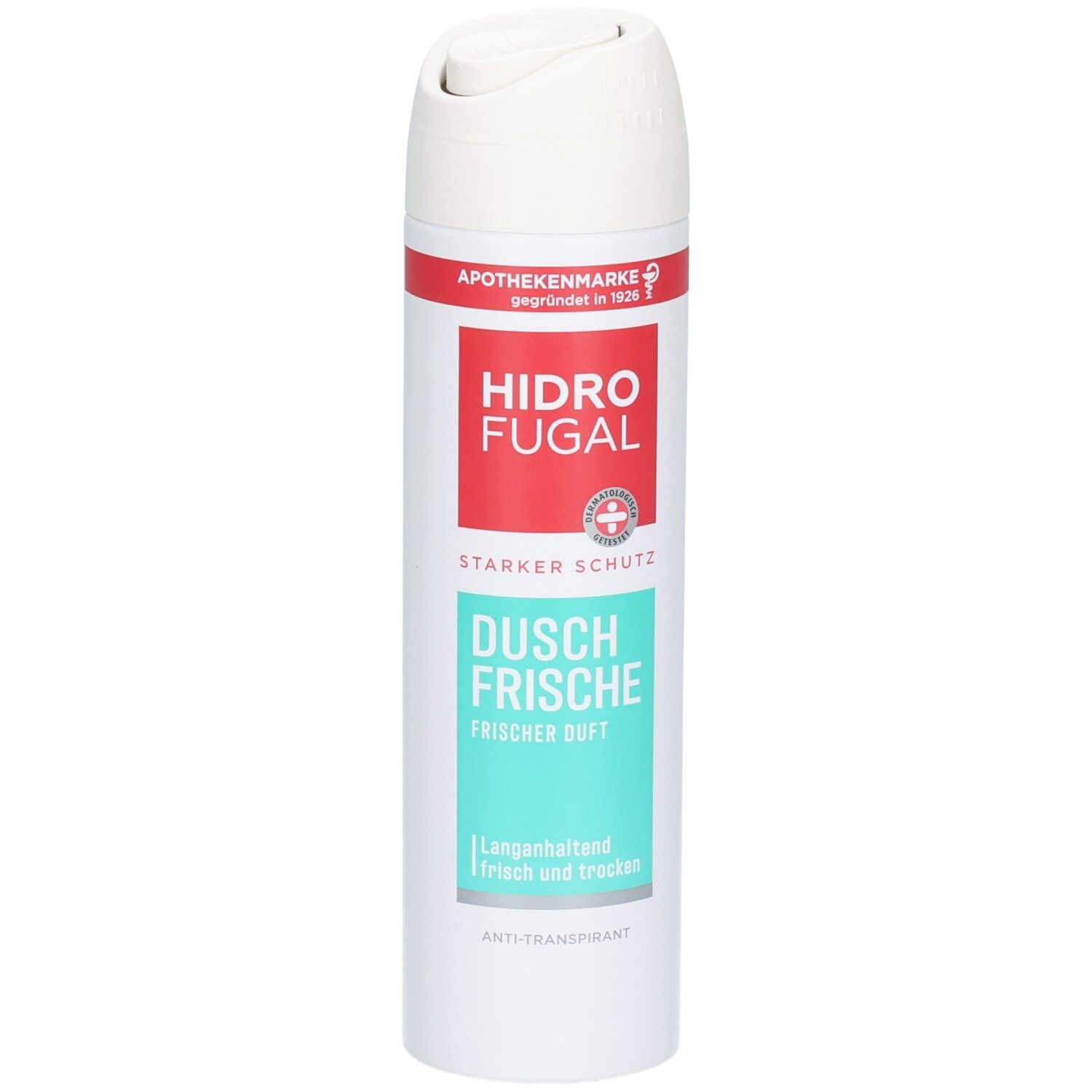 Hidrofugal Dusch Frische Spray: weiße Dose mit rotem und türkisfarbenem Etikett.