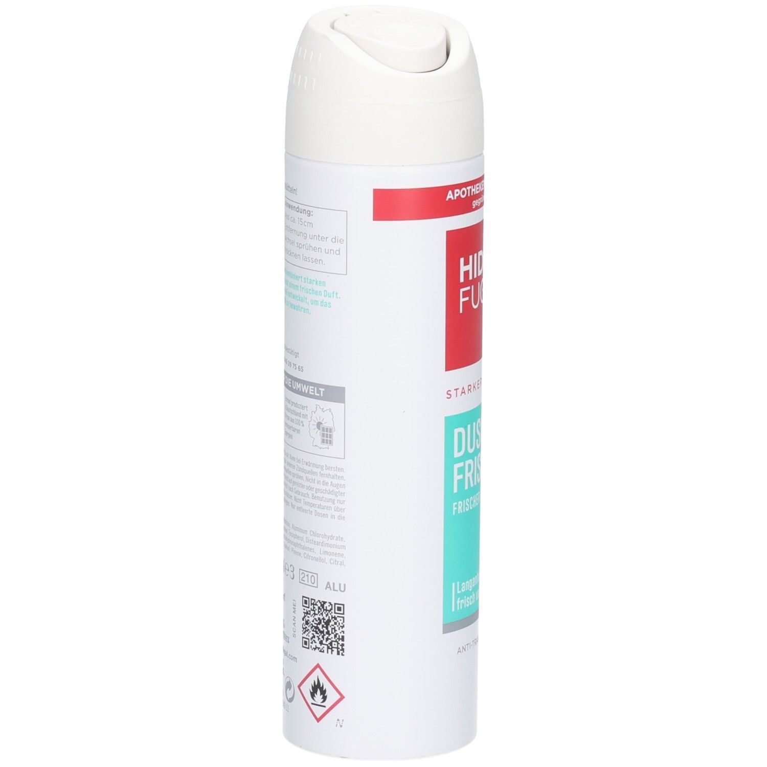 Rückseite der Hidrofugal Dusch Frische Spray Dose mit Anwendungshinweisen und Inhaltsstoffen.
