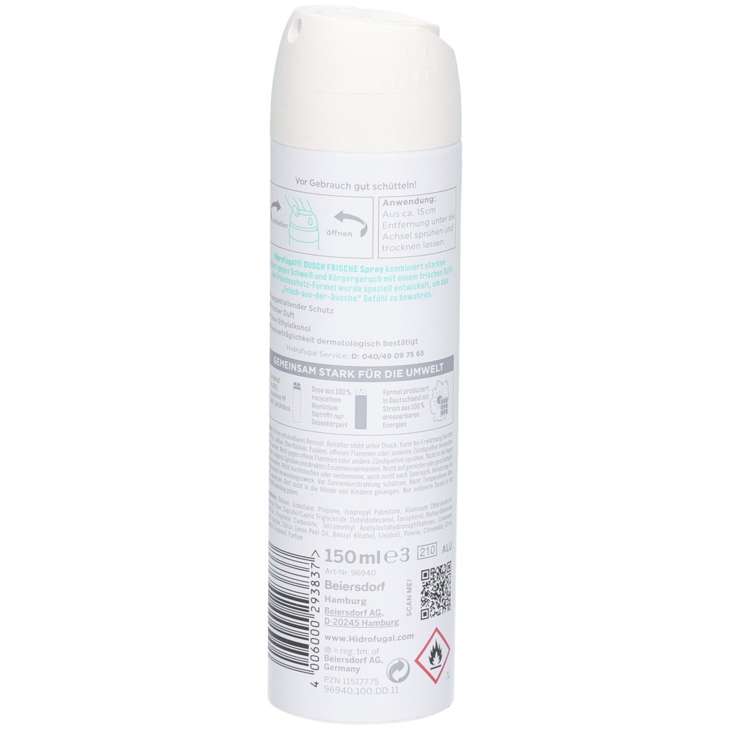 Rückseite der Hidrofugal Dusch Frische Spray Dose mit Anwendungshinweisen und Inhaltsstoffen.