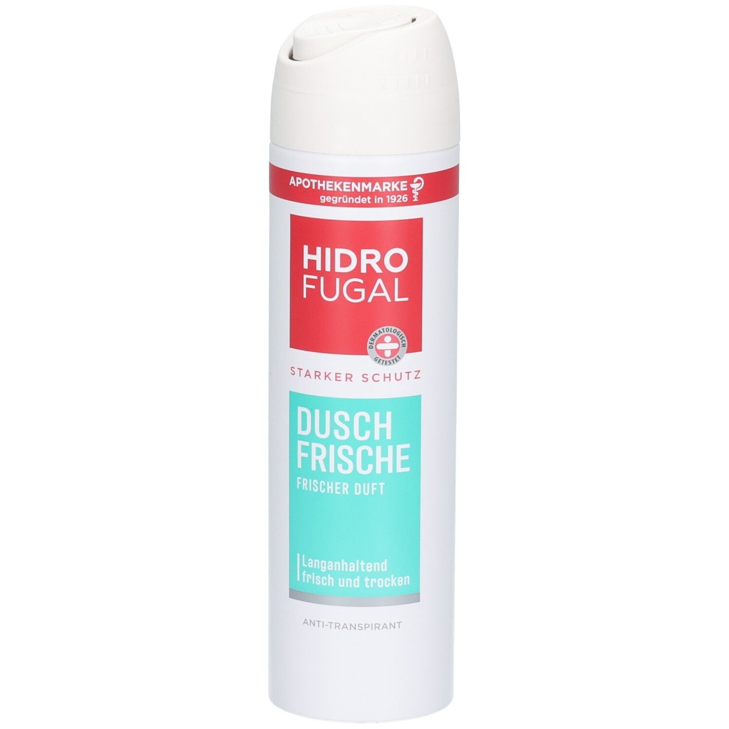 Hidrofugal Dusch Frische Spray: weiße Dose mit rotem und türkisfarbenem Etikett.