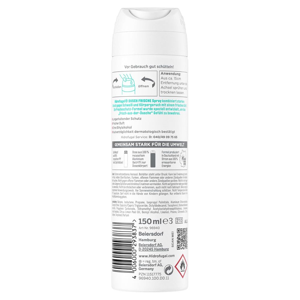 Rückseite einer weißen Aerosoldose. Hidrofugal Dusch Frische Anti-Transpirant, 150ml.