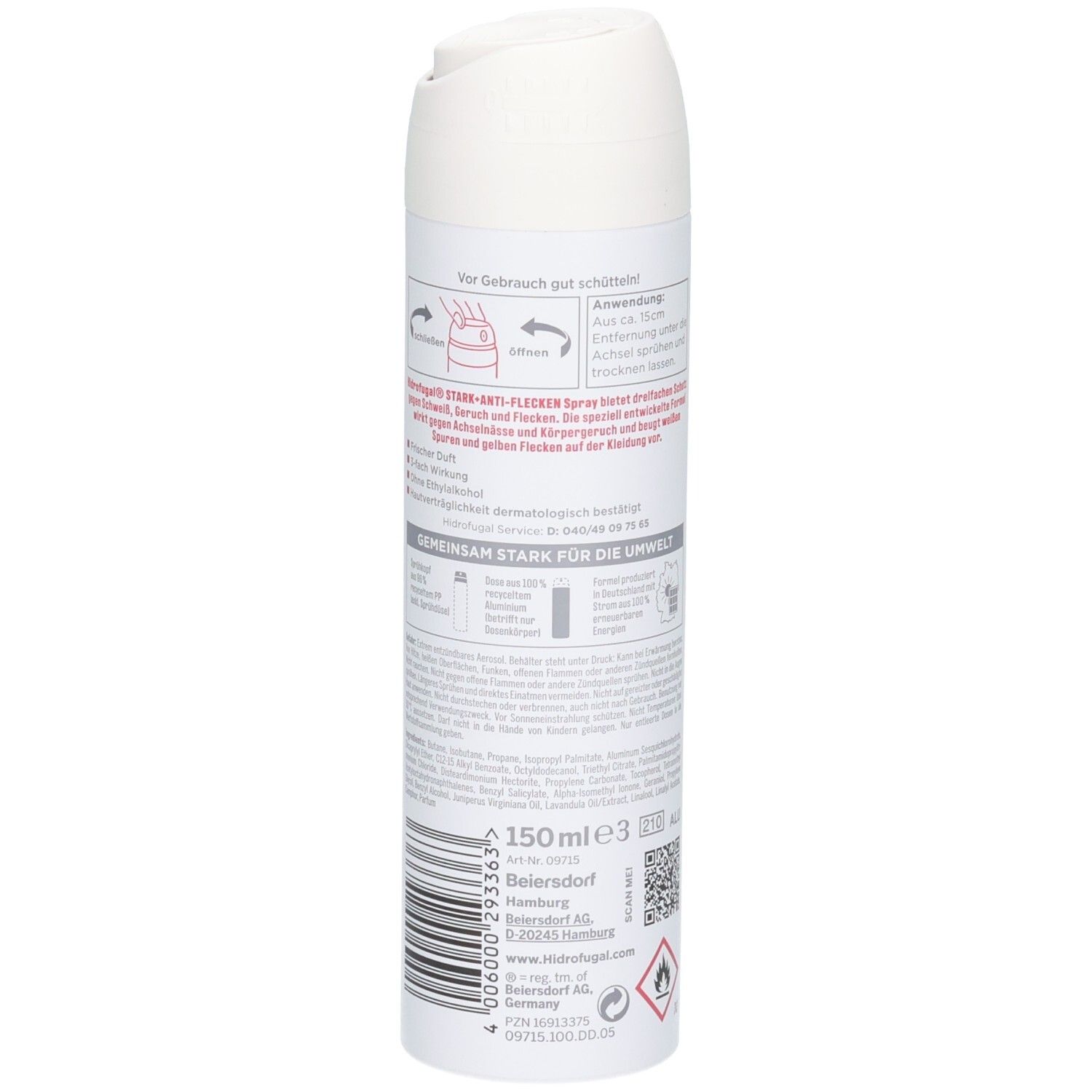 Rückseite der Hidrofugal Stark + Anti-Flecken Spray Dose mit Anwendungshinweisen, Inhaltsstoffen und Barcode.