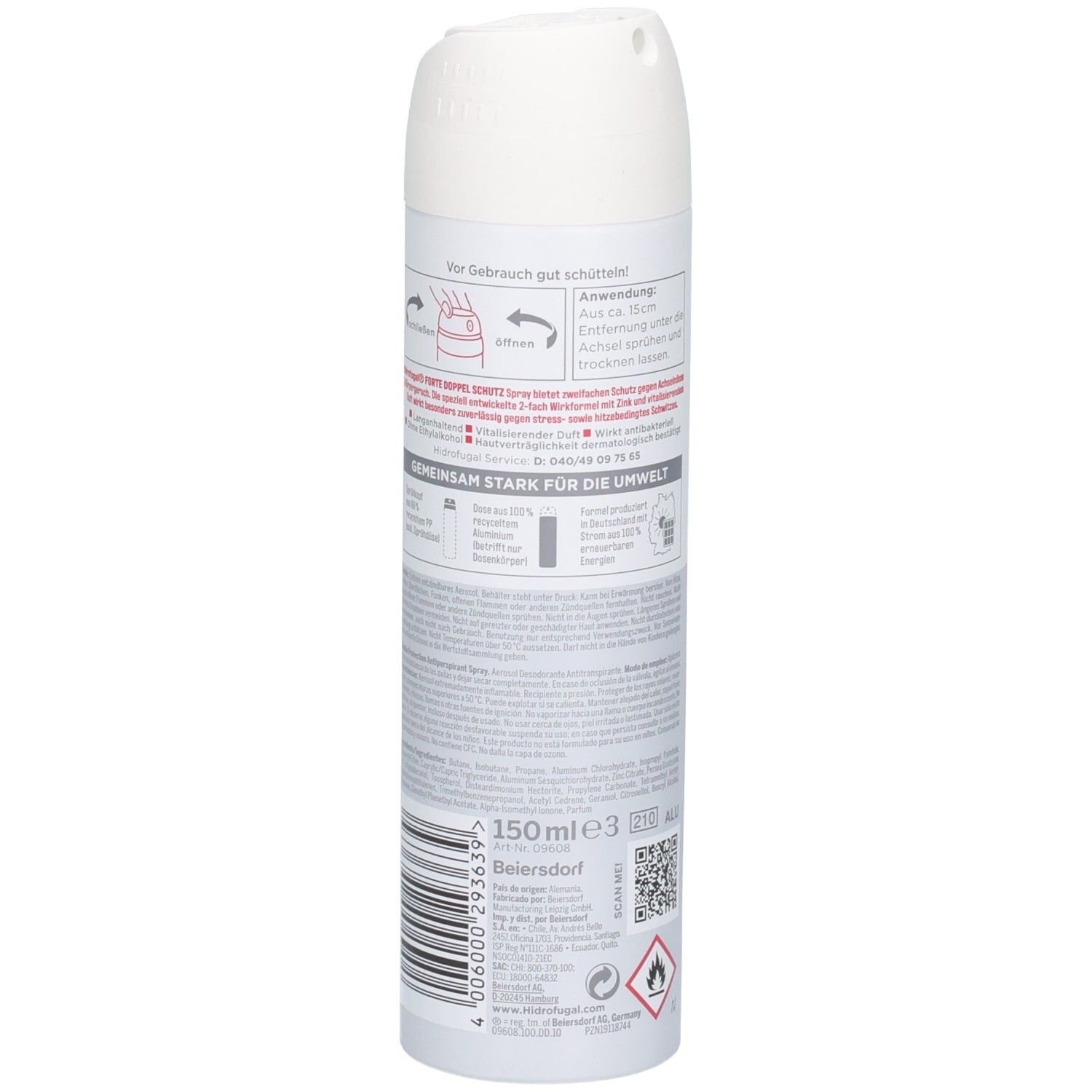Rückseite der Hidrofugal Forte Doppel Schutz Spray Dose mit Mengenangabe 150ml und Barcode.