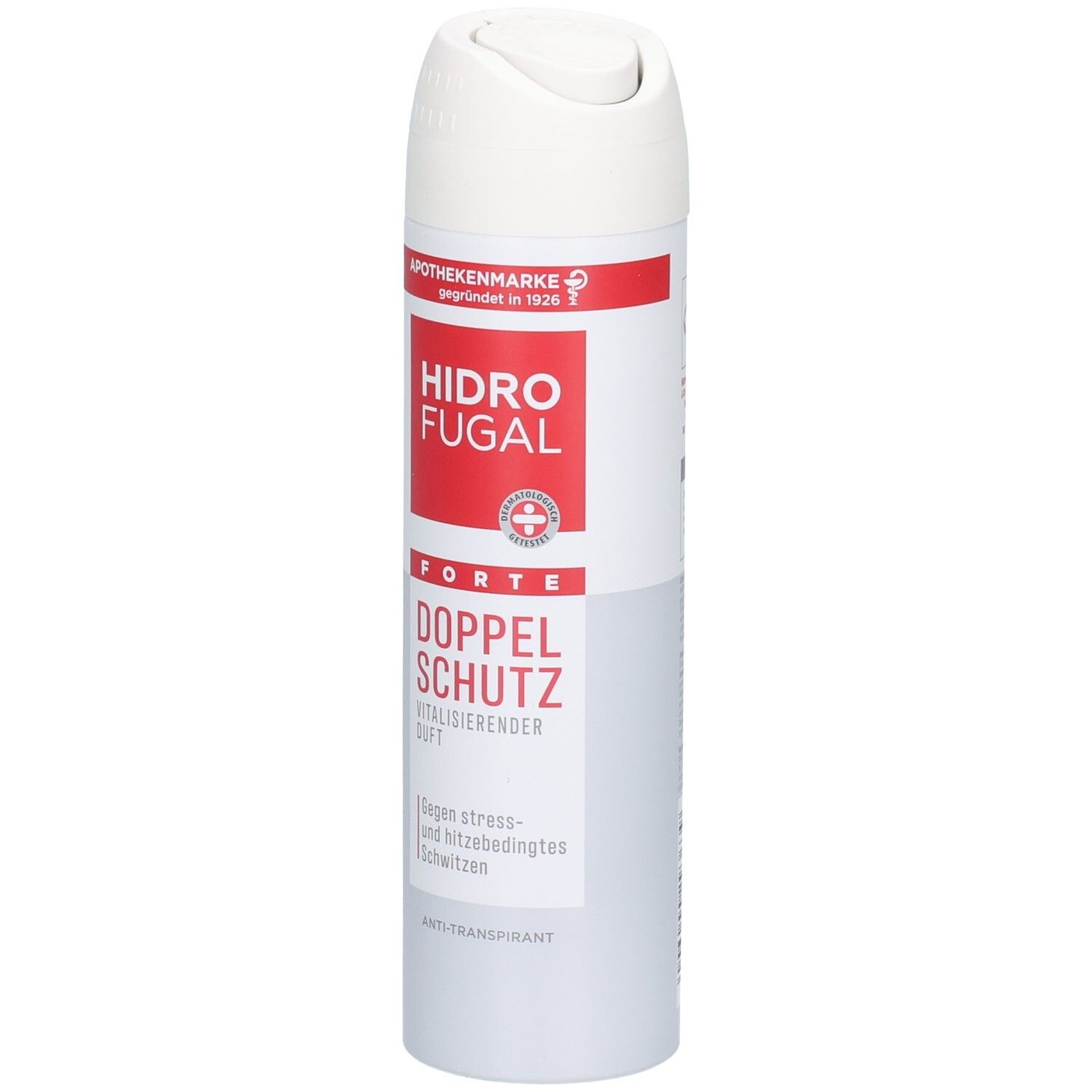 Hidrofugal Forte Doppel Schutz Spray: Weißer Aerosoldose mit rotem und grauem Etikett. Anti-Transpirant.