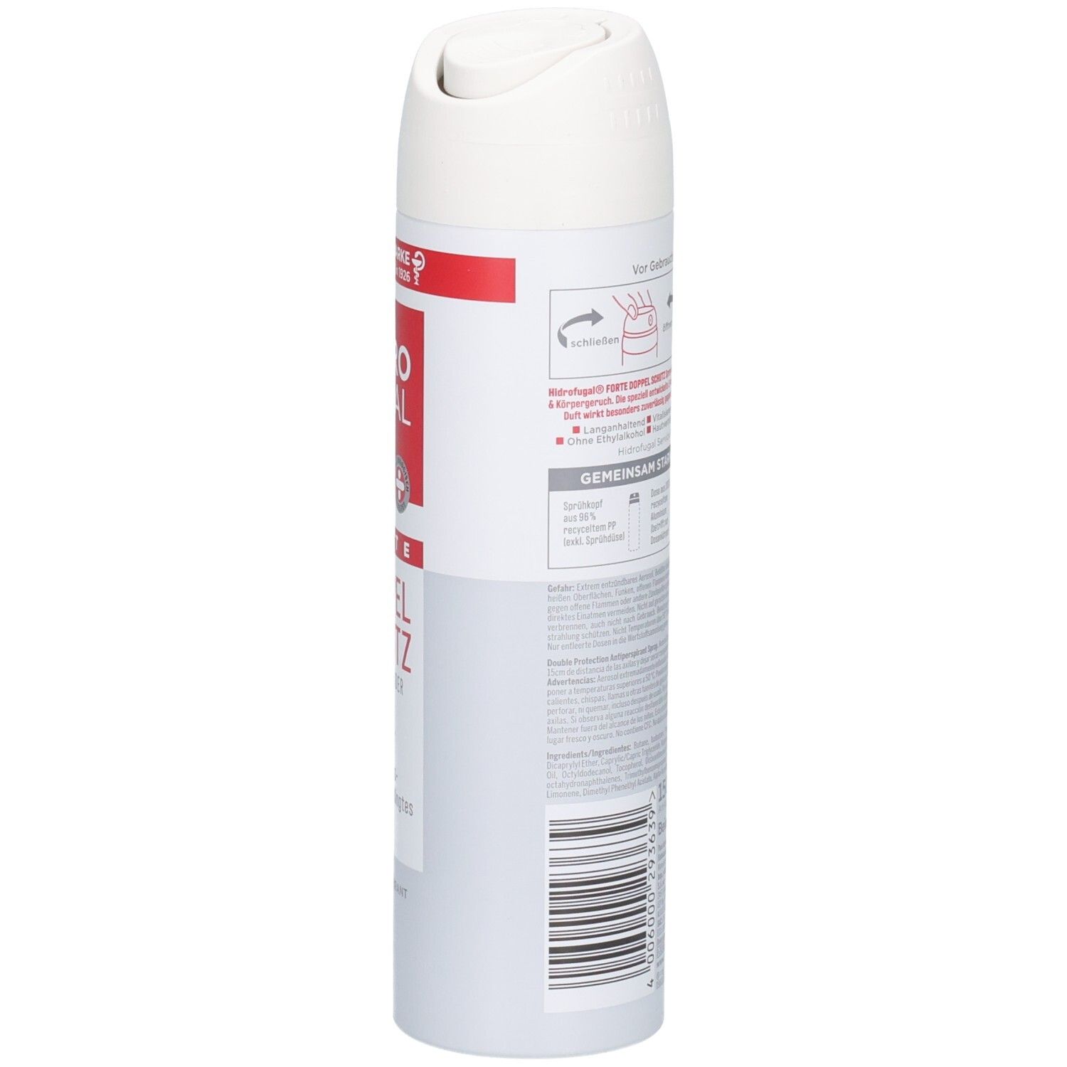 Seitenansicht der Hidrofugal Forte Doppel Schutz Spray Dose mit Anwendungshinweisen.