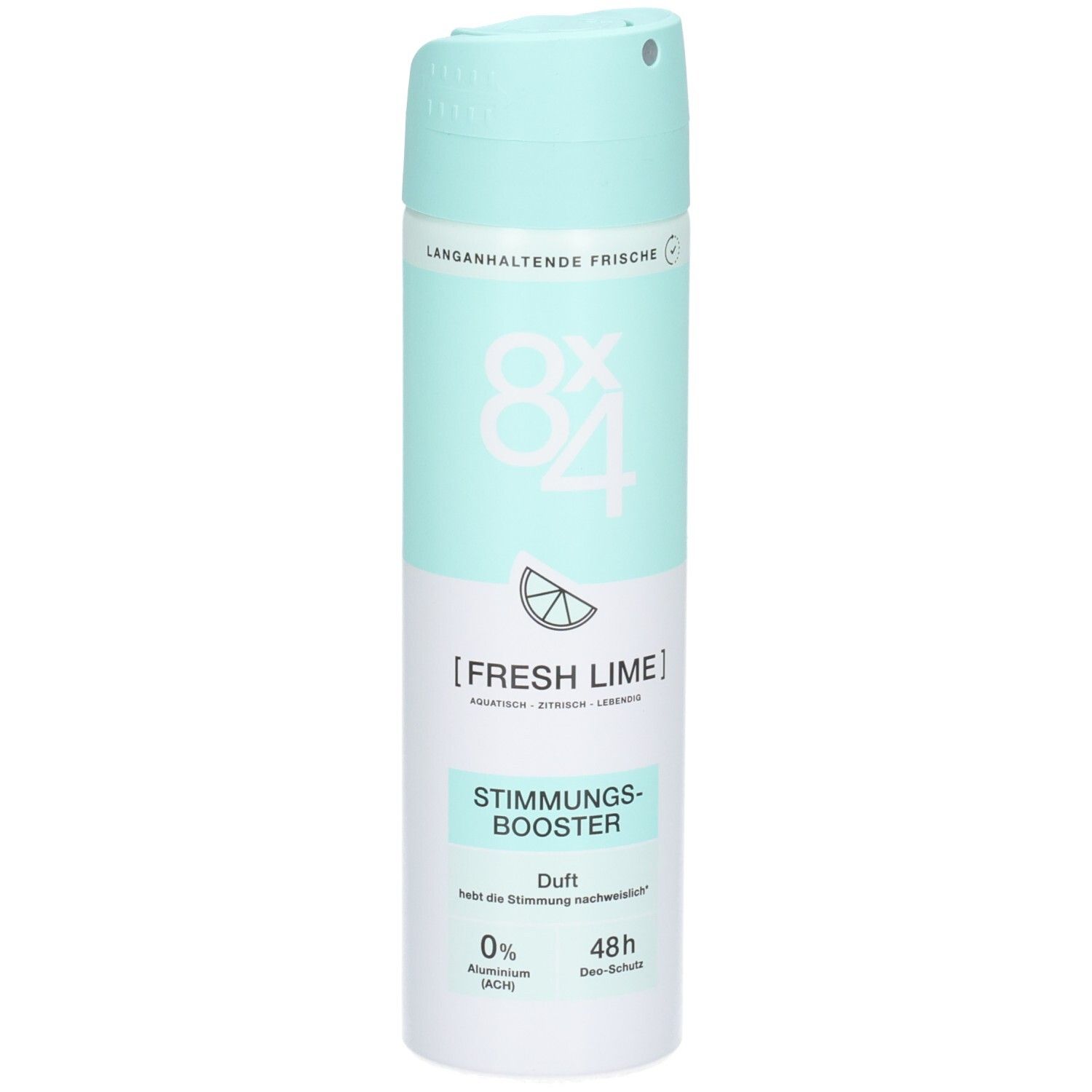 8x4 Fresh Lime Deospray mit Zitrusduft, 150ml Dose. "Stimmungs-Booster" Aufschrift.